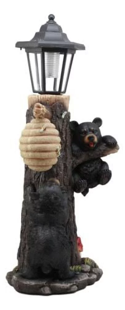 Large Climbing Black Bear Cubs With Beehive Statue W/ Solar LED Lantern Light