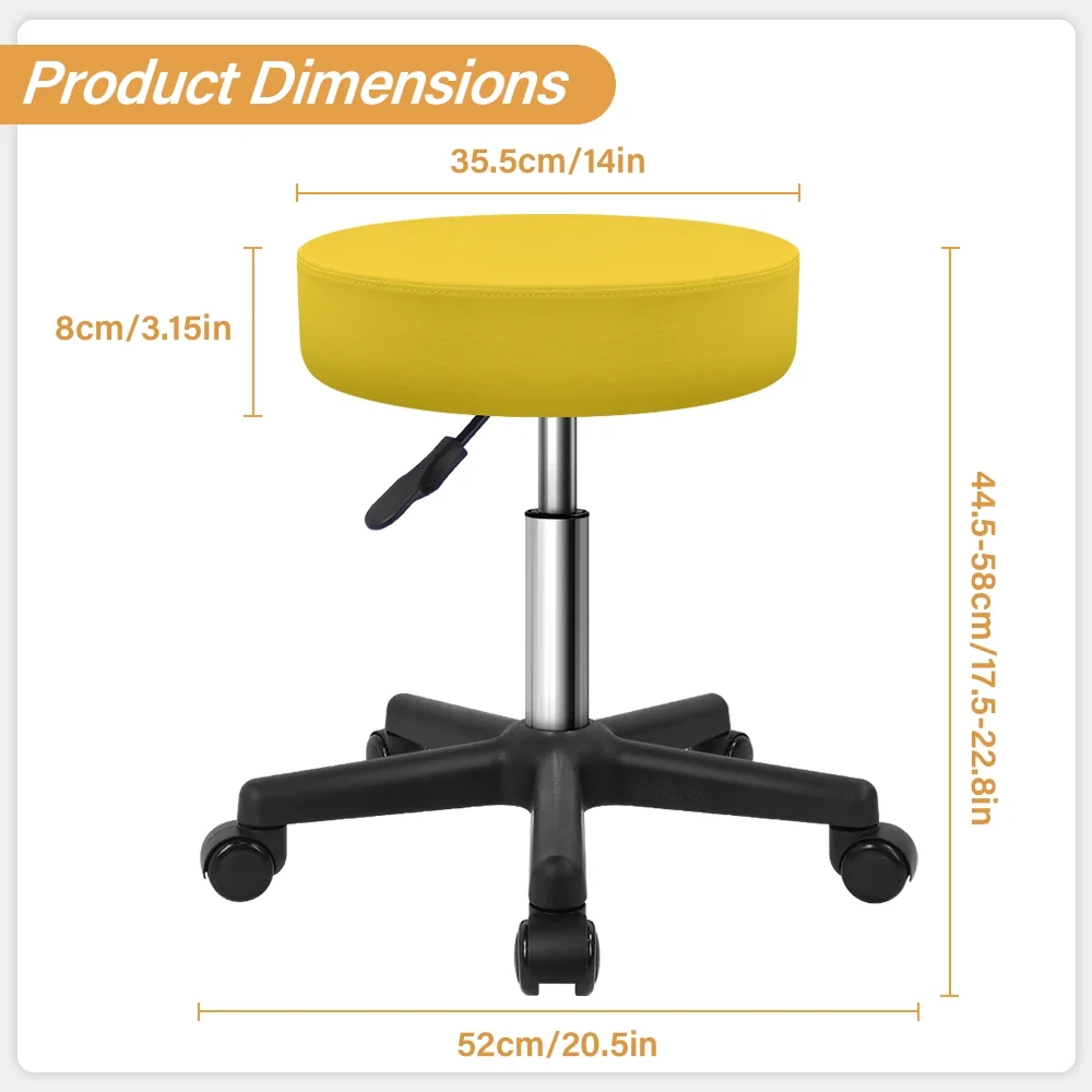 KKTONER Adjustable Rollling Stool with Wheels Round Swivel Stools Chair with Black Base for Drafting Work SPA Salon Massage in Yellow