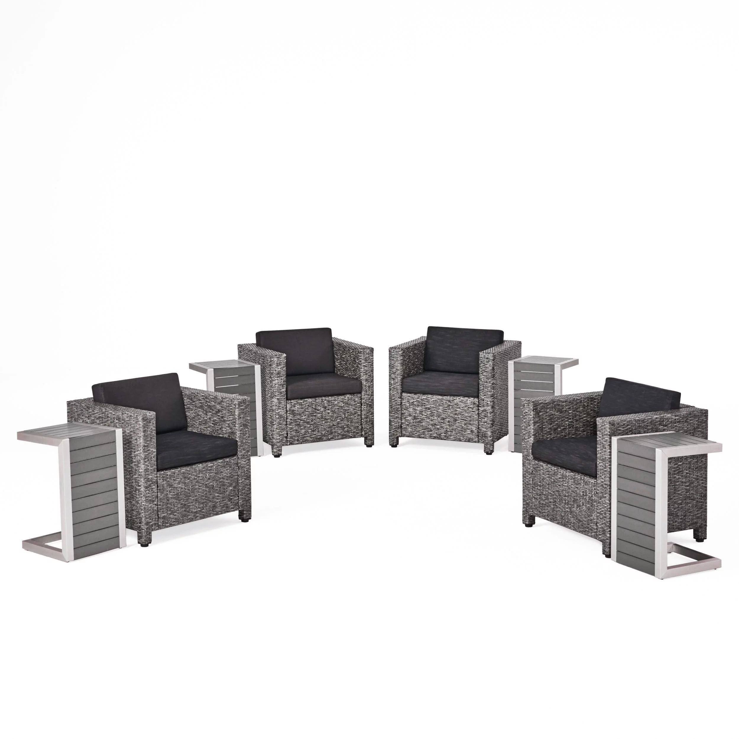 Eden Outdoor 8-Piece Wicker Club Chairs with Cushions and Tables, Dark Gray