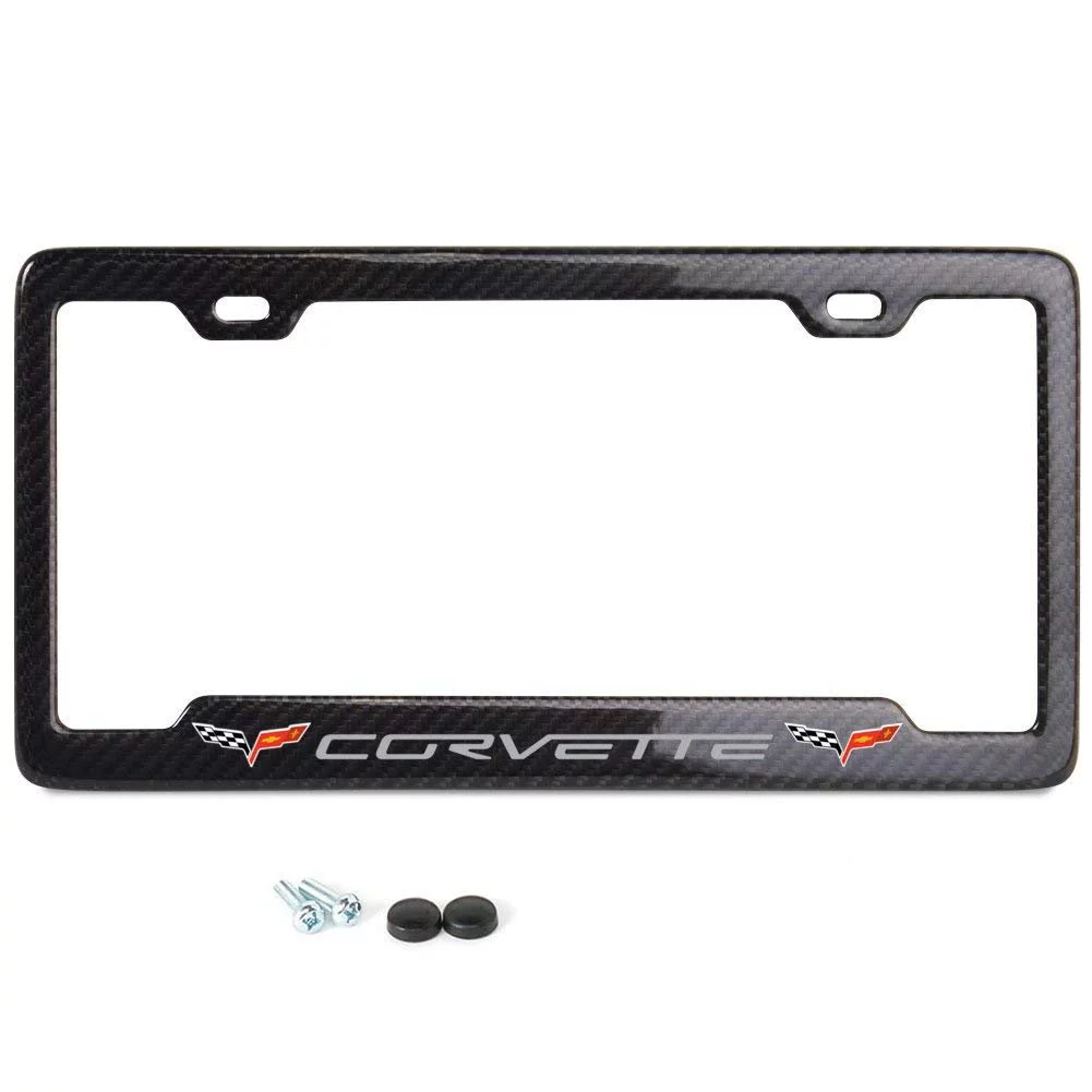 C6 Corvette License Plate Frame Carbon Fiber Gray Script w/Flags & Notched Frame