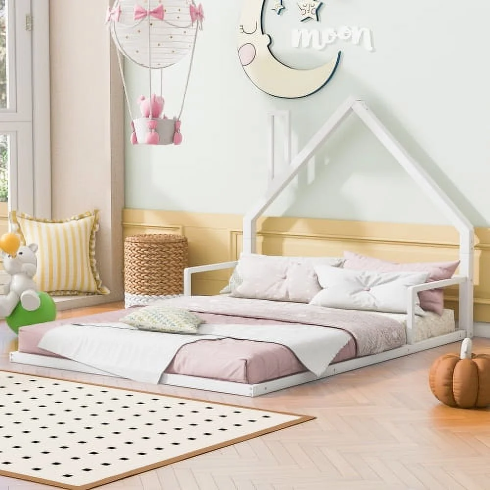 JHOOTUUO Full Size Metal Floor Bed with House-shaped Headboard  White