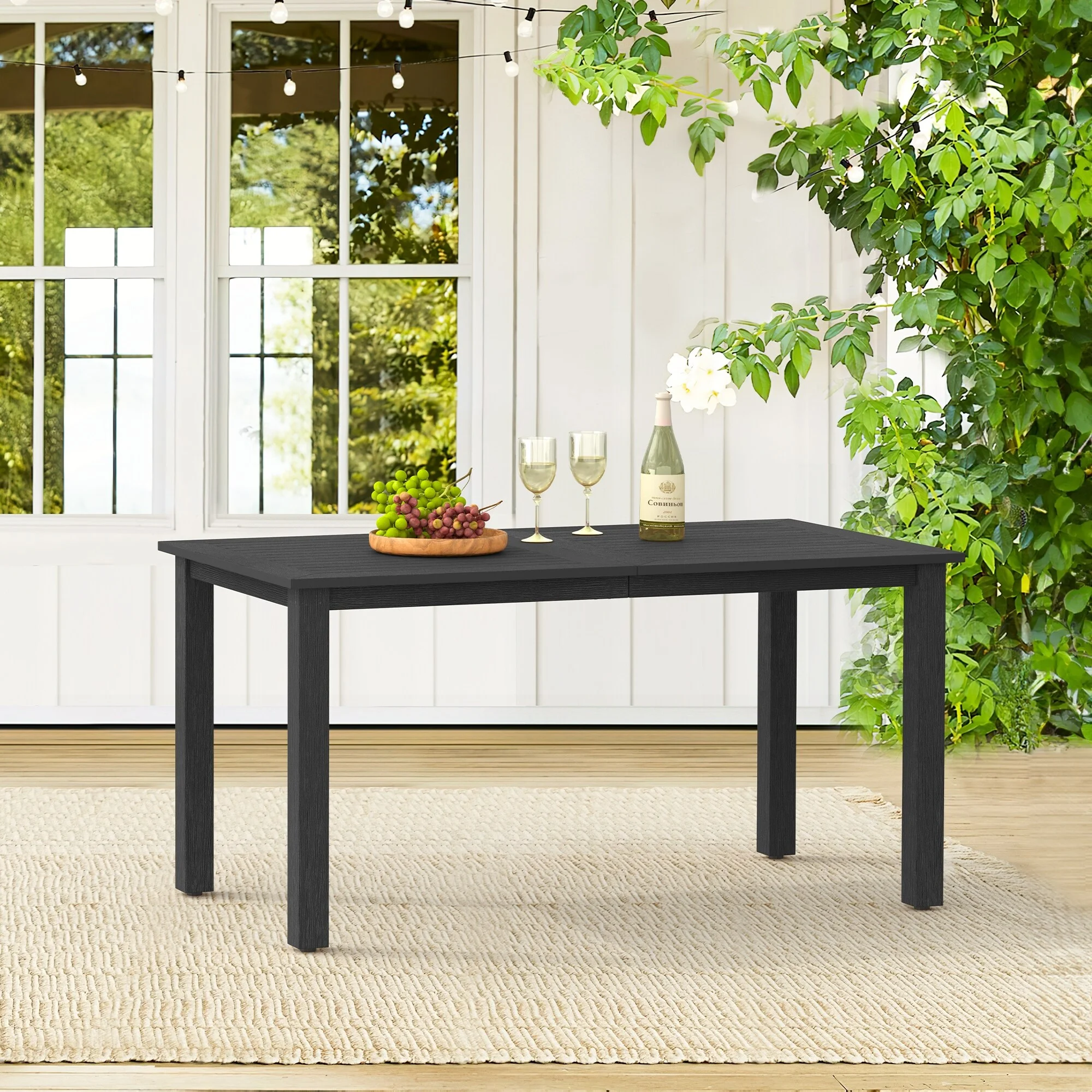 LUE BONA  HDPS Outdoor Dining Table Patio Metal Rectangular Table with Wood-grain finish for 6 Person Black