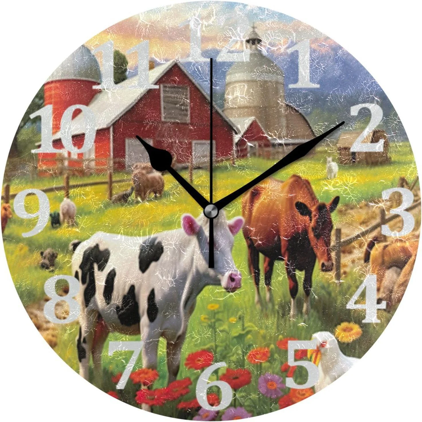 SKYSONIC Farmhouse Animals Wall Clock Round Vintage Silent Non Ticking Battery Operated Accurate Arabic Numerals Design for Home Kitchen Living Room Bedroom 10 Inch