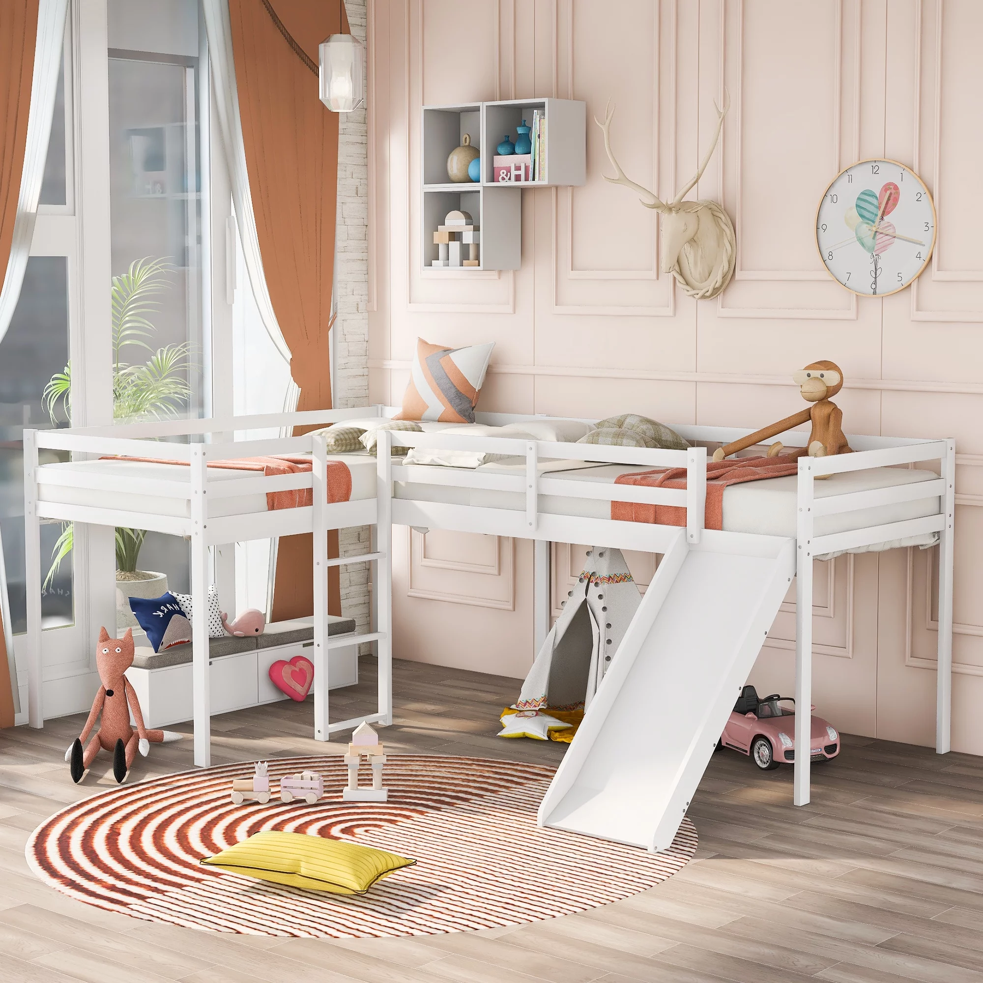 Churanty L-Shaped Loft Bed with Slide, Wooden Low Loft Beds for 2 Kids , Twin Size Low Loft Bed with Built-in Ladders, White