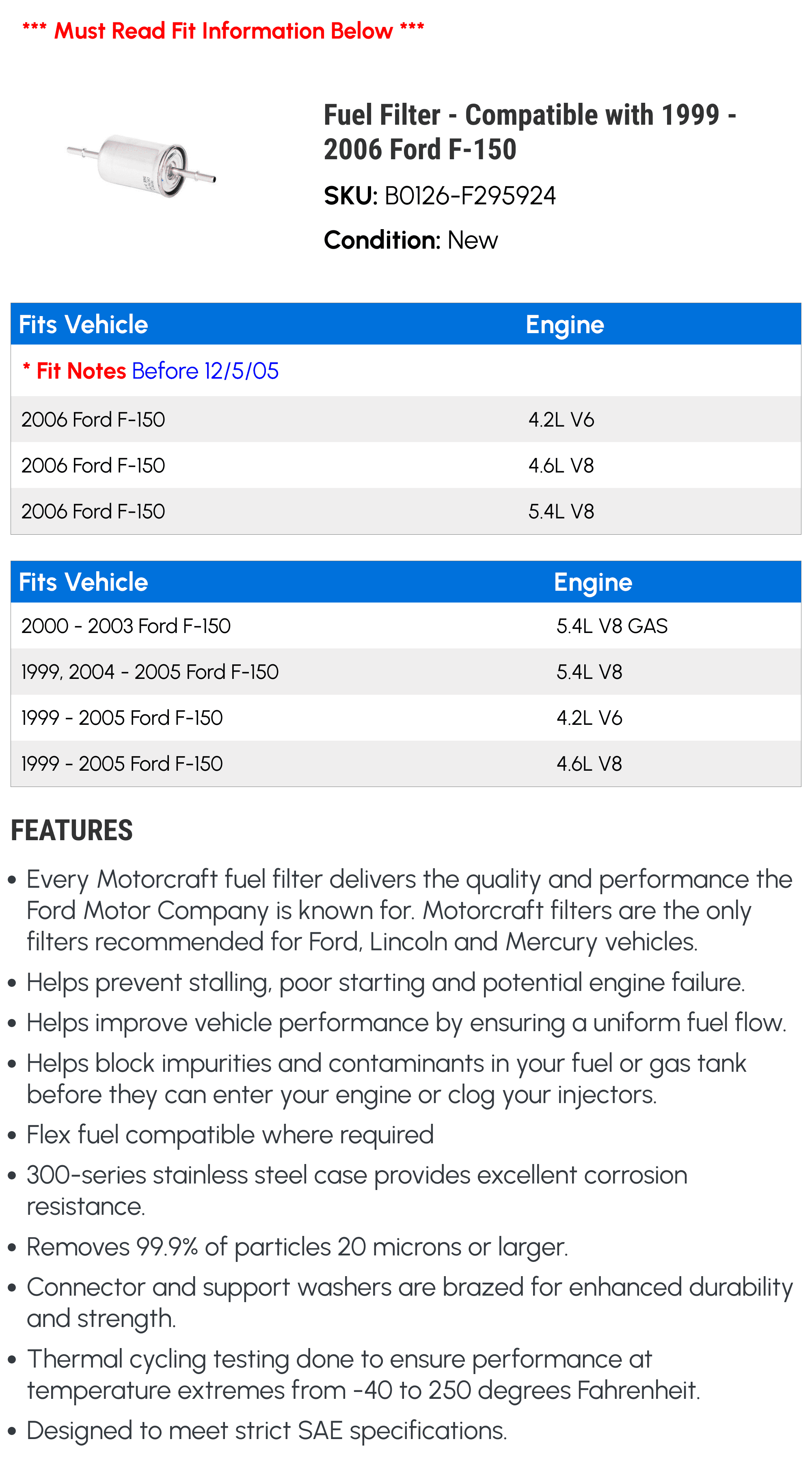 Fuel Filter - Compatible with 1999 - 2006 Ford F-150 2000 2001 2002 2003 2004 2005