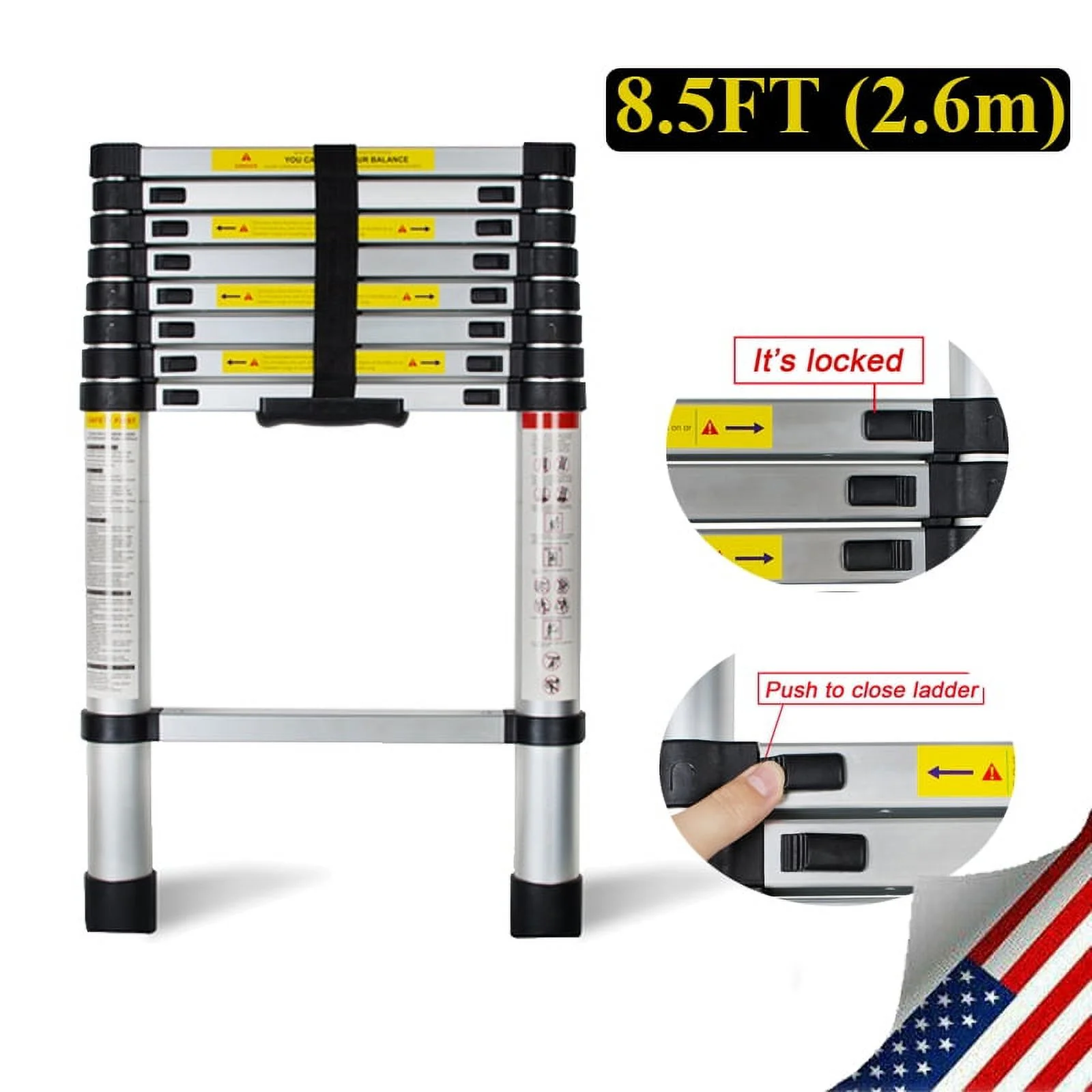 8.5FT Telescopic Ladder Extension Aluminum Ladder Folding Multi Purpose One-Button Retraction Non-Slip Ladder Load 330lbs