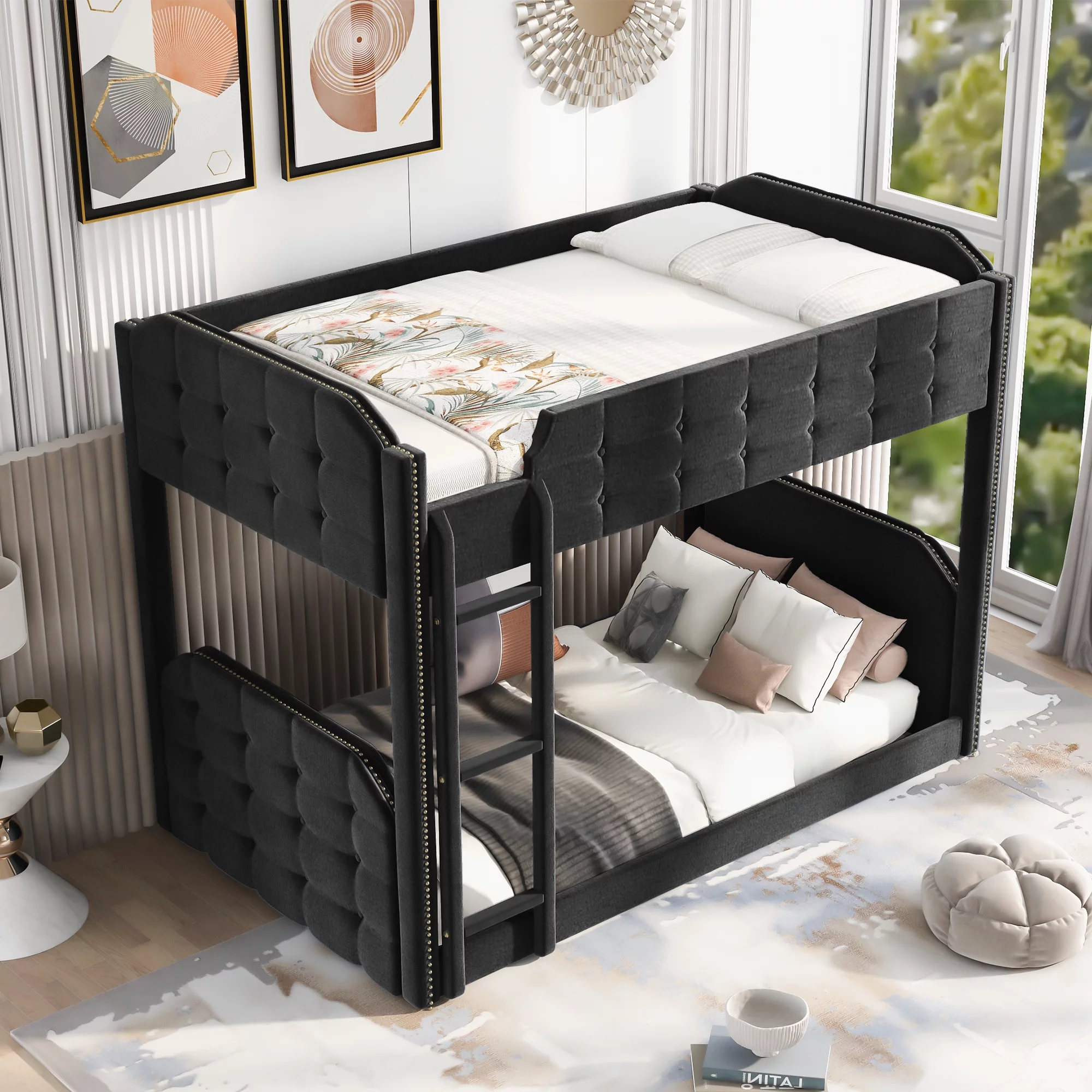 EUROCO Twin over Twin Upholstered Bunk Bed, Button-Tufted for Bedroom, Black