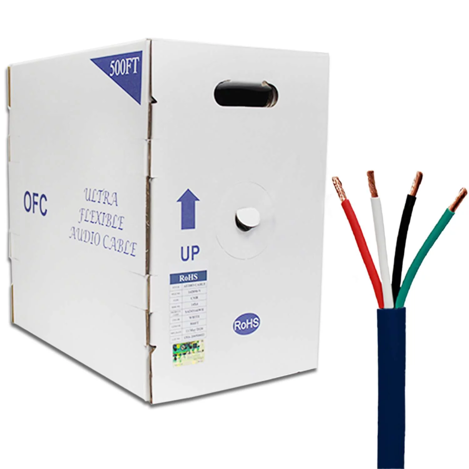 Elite Audio Cable, Oxygen-free Bare Copper 14 AWG 4 Conductor, 100% Pure Copper, PVC jacket, 500ft bulk cable, Blue