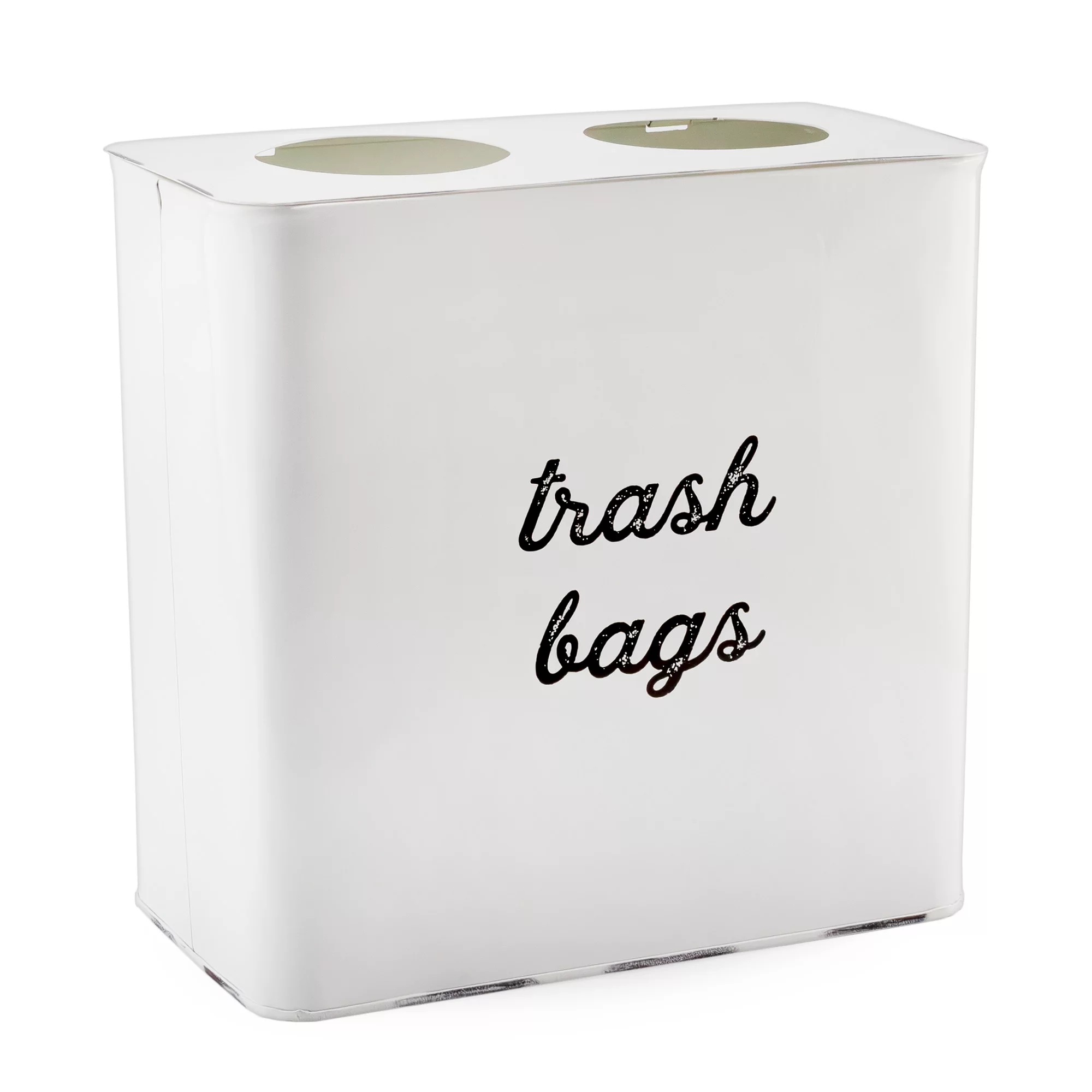 AuldHome Farmhouse Trash Bag Holder (White); Rustic Enamelware Garbage Bag Dispenser