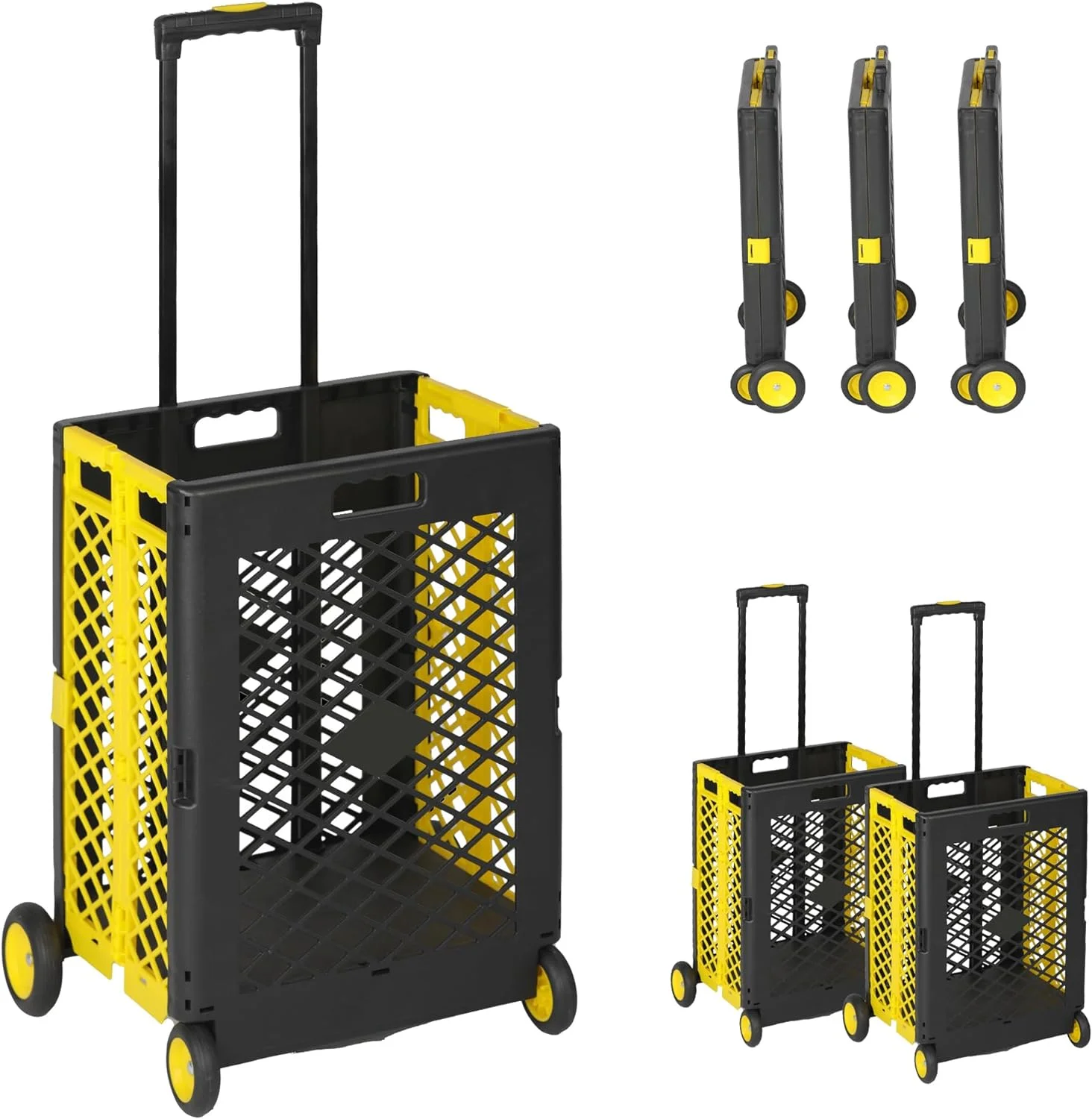 Foldable Utility Rolling Crate With Wheels, Portable Shopping Cart With Durable Heavy Duty Telescopic Handle, Rolling Cart For Carrying Books, Laundry, Travel Office Use, Yellow, Medium