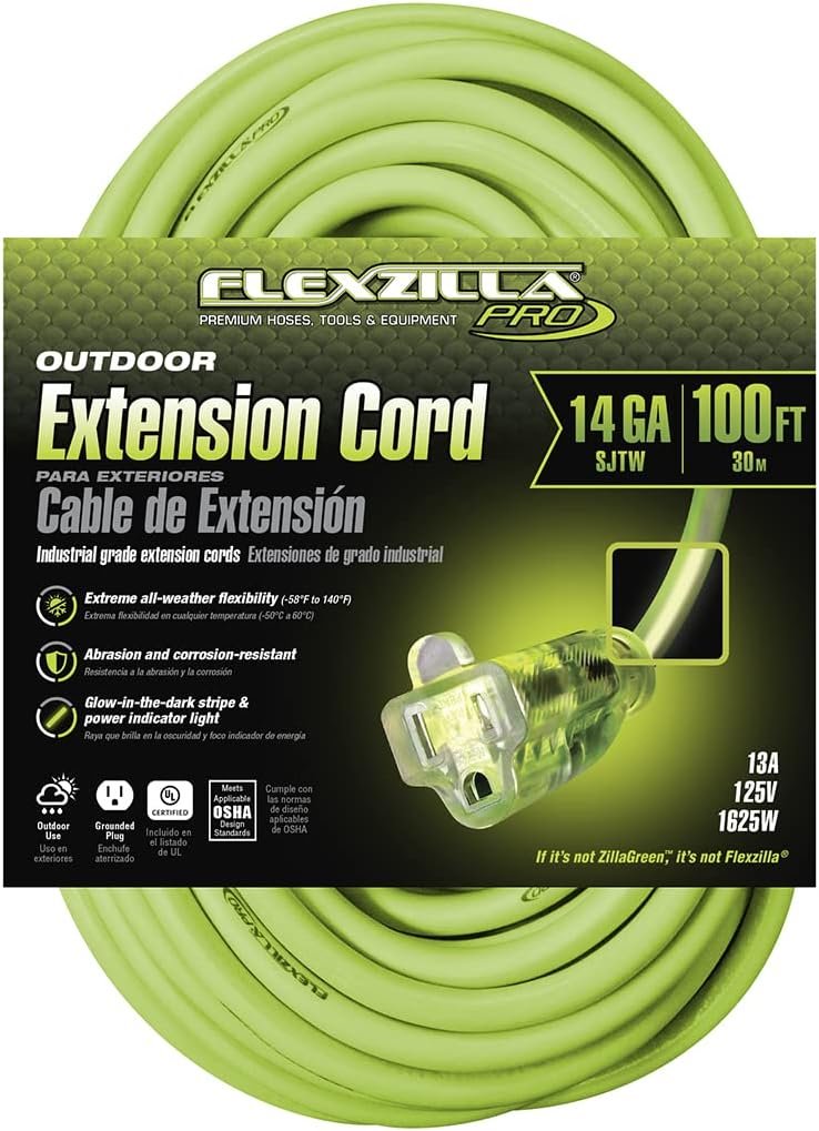 Flexzilla Pro Extension Cord, 14/3 AWG SJTW, 100 ft., Lighted Plug, Indoor/Outdoor, ZillaGreen - FZ512735