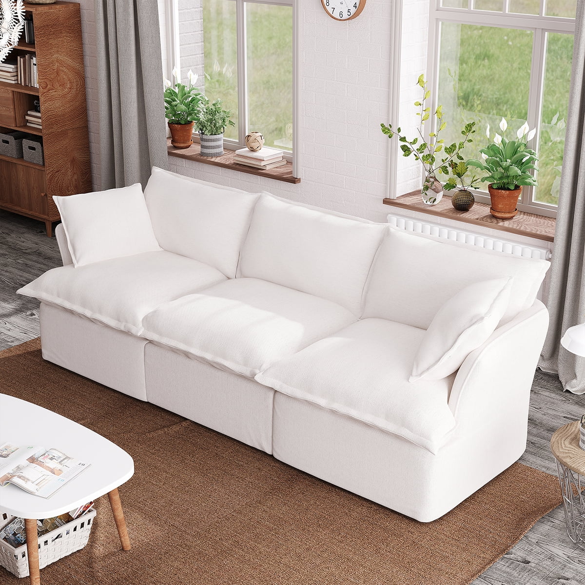 Indecor Home Sectional Sofa 3 Seater Convertible Couch Linen Blend Sofa Set for Living Room Furniture White