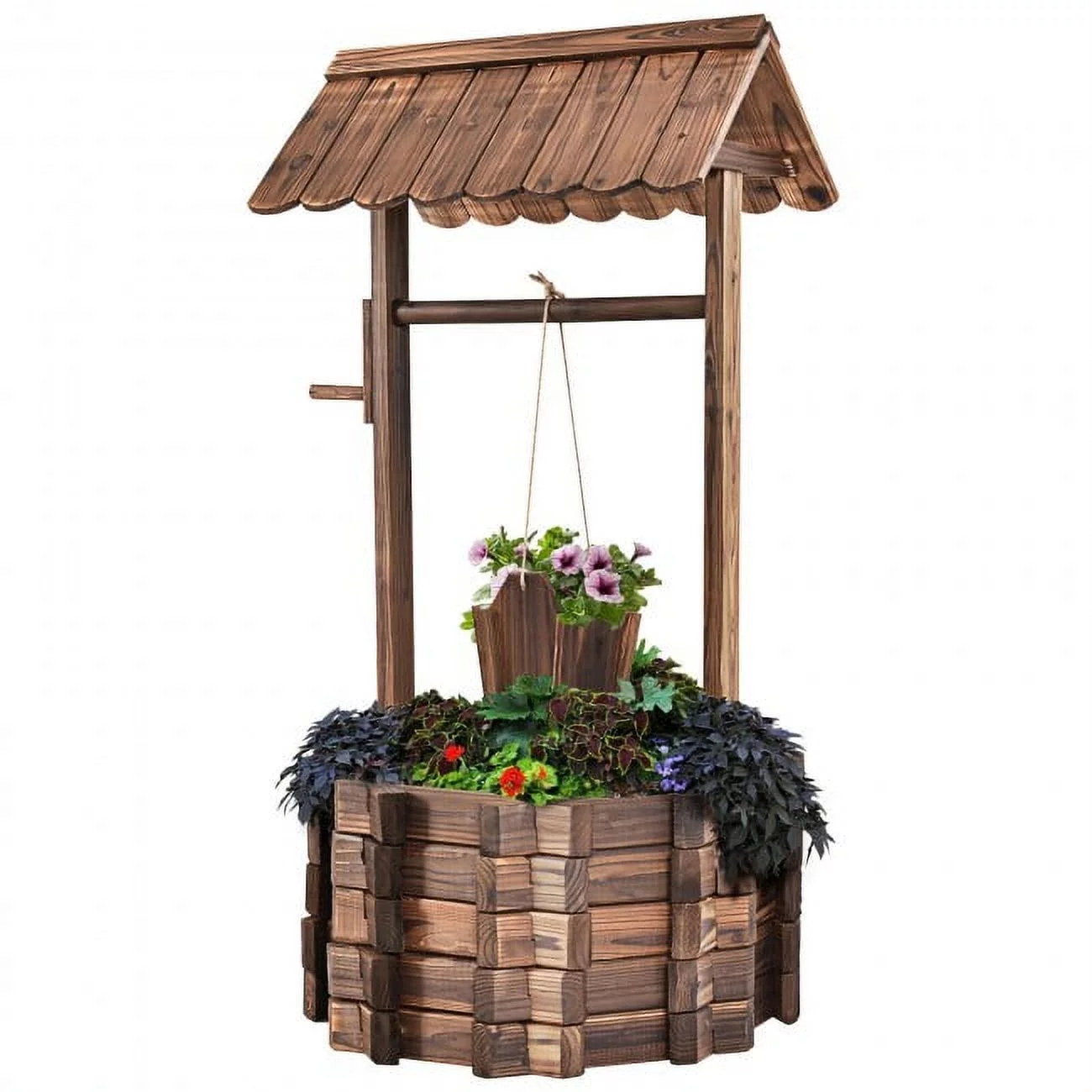 Forclover Outdoor Wooden Wishing Well Planters, Rustic Flower Planter with Adjustable Hanging Bucket , Patio Garden Yard Decor, Brown