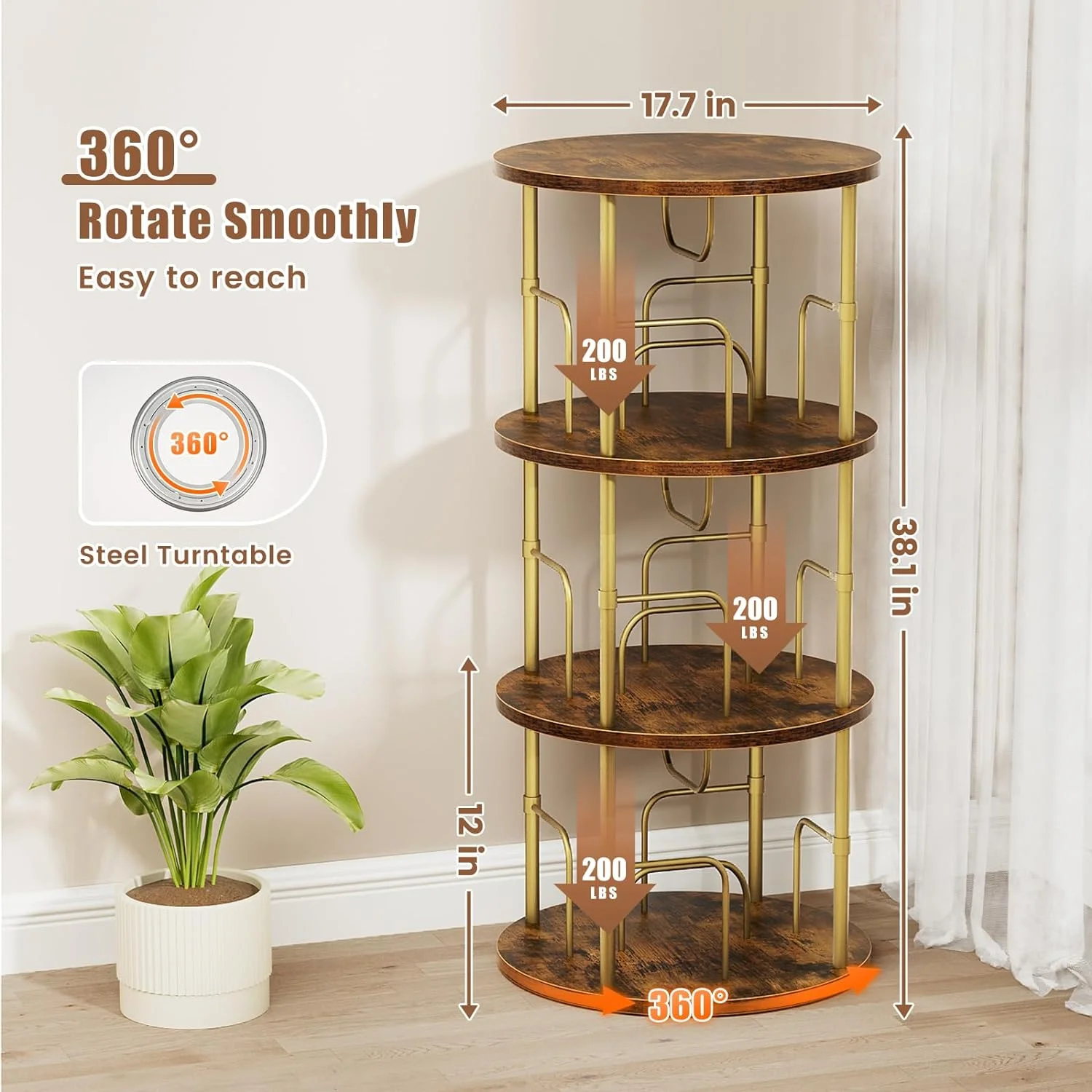 Rotating Bookshelf, 3 Tier Round Revolving Bookcase with Special Visible Partition Storage, 360° Display Spinning Bookshelf Tower Storage Organizer Rack for Bedroom, Living Room, Small Space, Gold