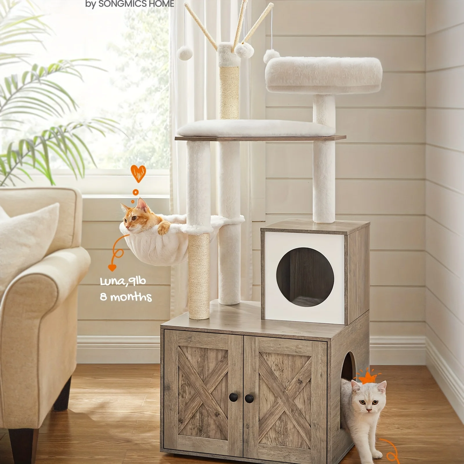 WoodyWonders Cat Tree With Litter Box Furniture Hidden Enclosure, 2-in-1 Modern Tower, Cat Condo With Scratching Posts, Removable Pompom Sticks