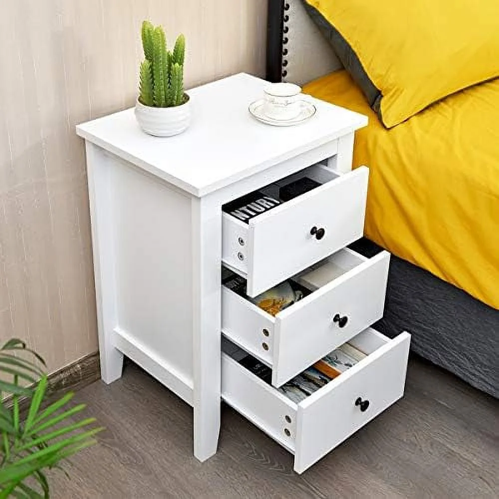 SQFGHB Nightstand   with 3 Drawers  Bedroom Side  Cabinet Wooden End Table Accent Table Solid Wood Legs (White  1 Pic)