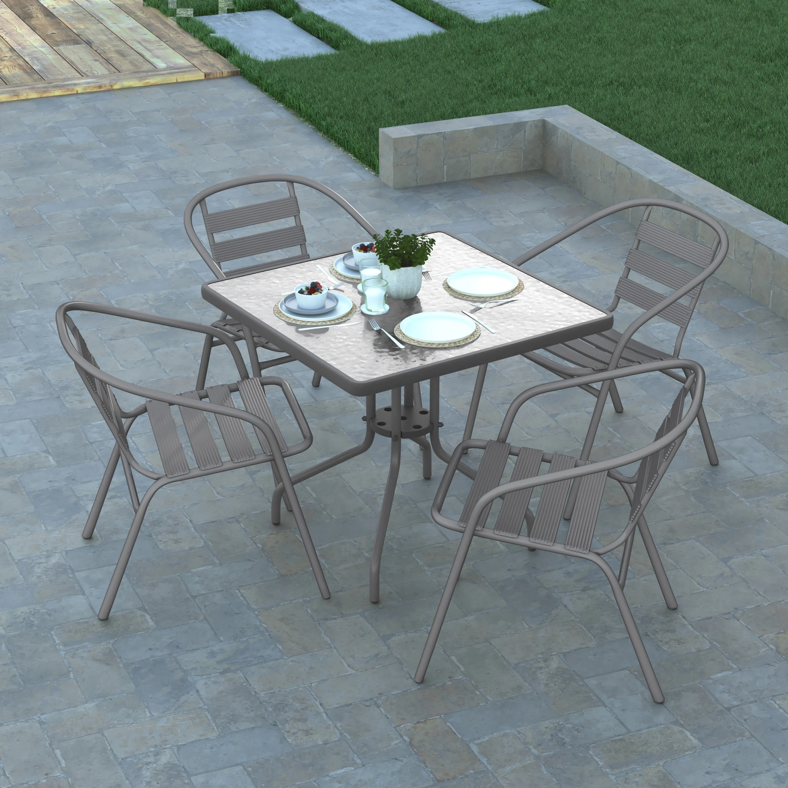 Emma + Oliver 31.5'' Square Glass Top Metal Table with 4 Silver Aluminum Slat Stack Chairs