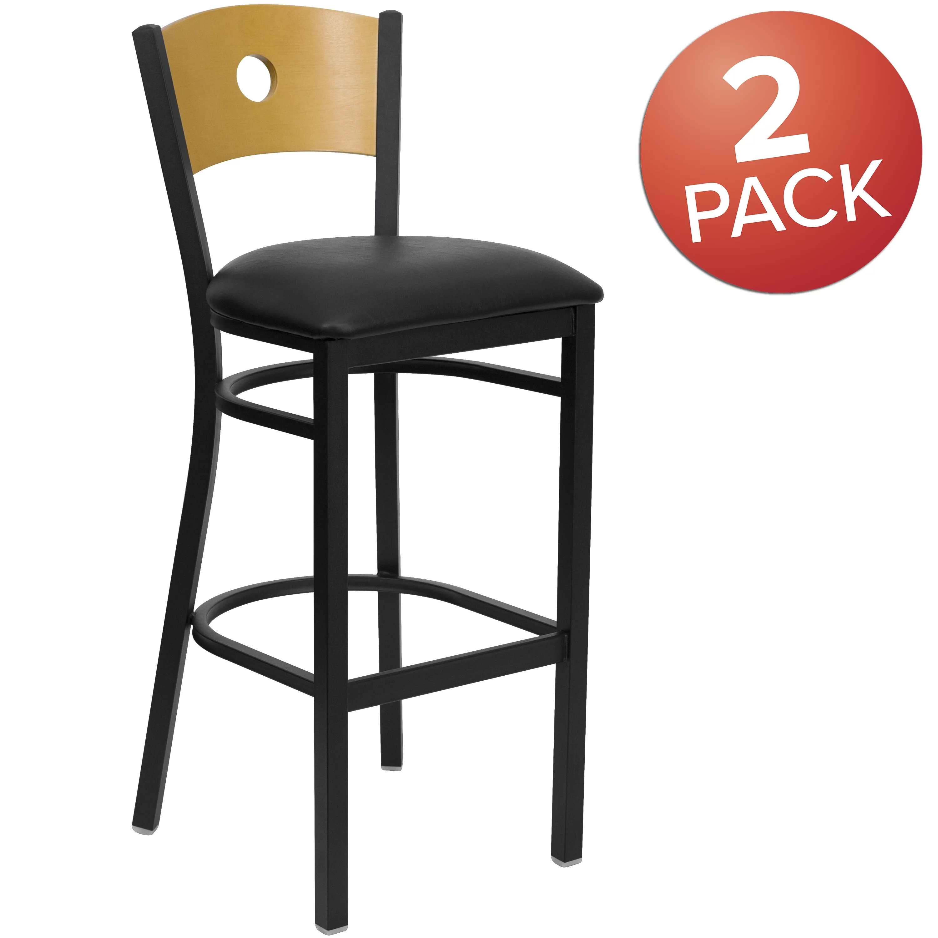 Flash Furniture 2 Pk. HERCULES Series Black Circle Back Metal Restaurant Barstool - Natural Wood Back, Black Vinyl Seat