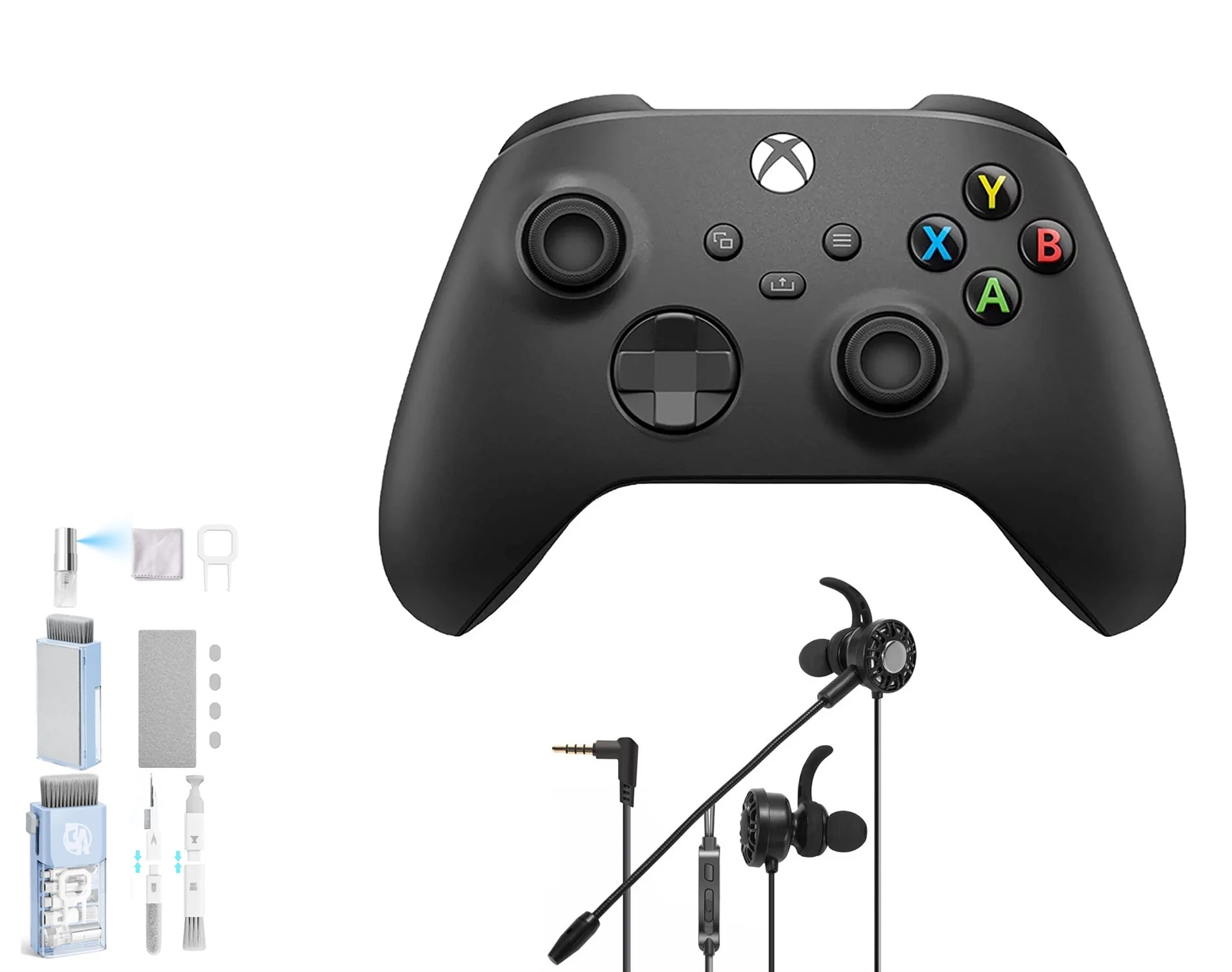 Microsoft Xbox Wireless Carbon Black Controller for Xbox Console + Wired Earbuds With Cleaning Kit BOLT AXTION Bundle Like New