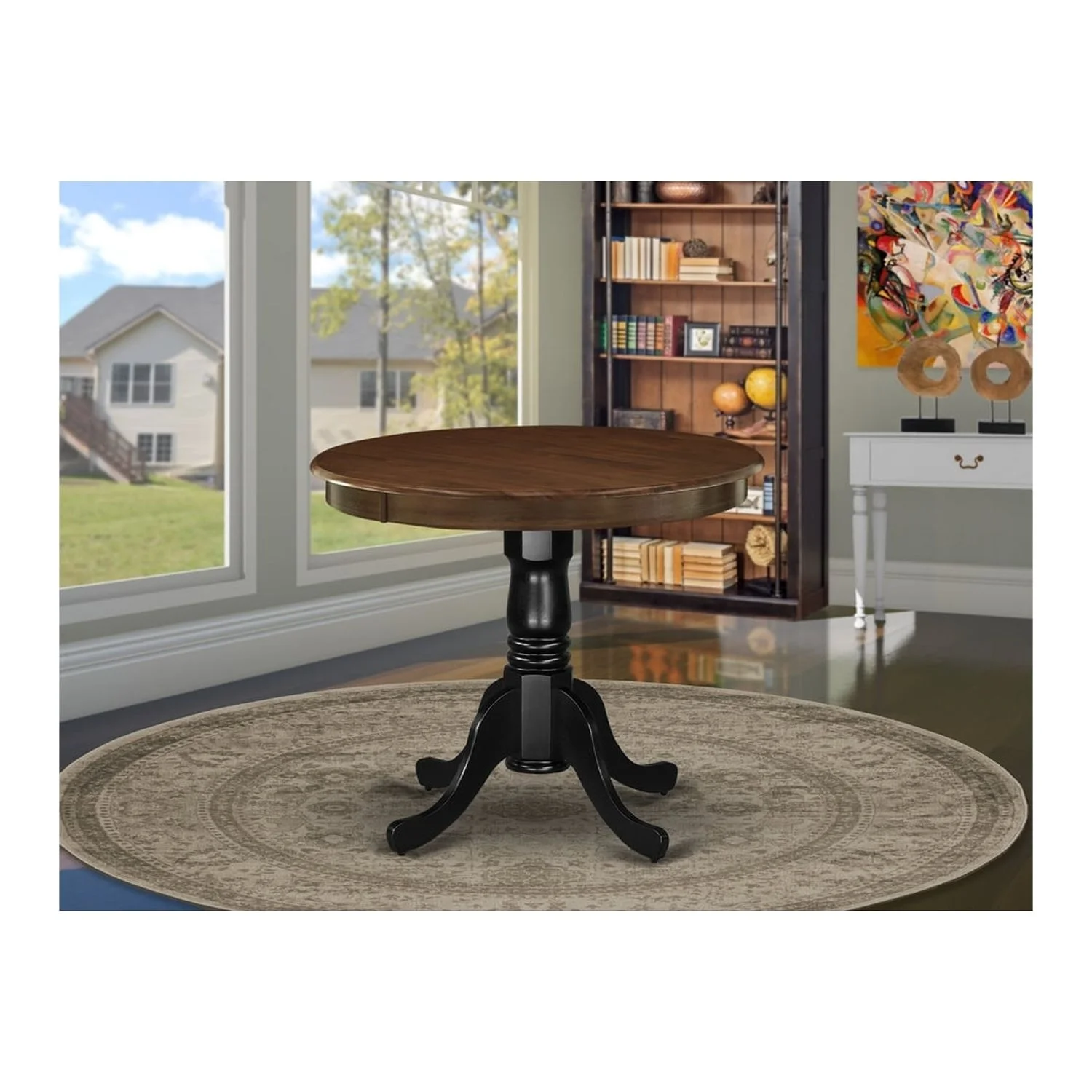 HomeStock Island Oasis Antique Dining Table Made Of Rubber Wood Offering Walnut Finish Table Top, 36 Inch Round, Wirebrushed Black Pedestal