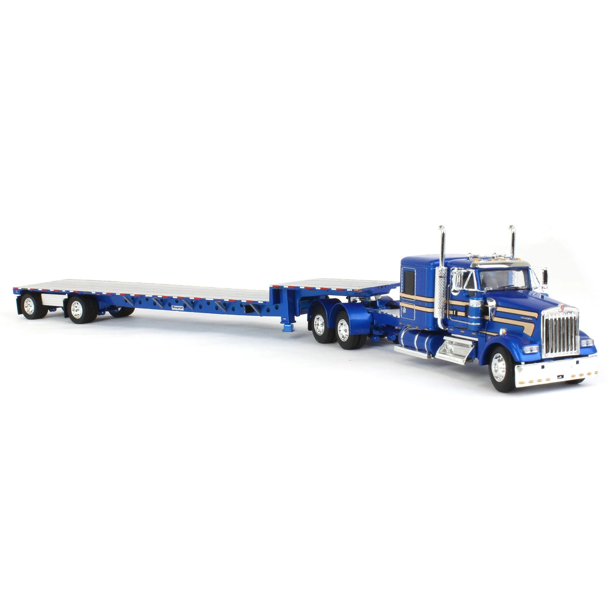 First Gear DCP 1/64 Blue Kenworth W900L Flattop w/ 310in Frame & Transcraft Step Deck Trailer 60-1810