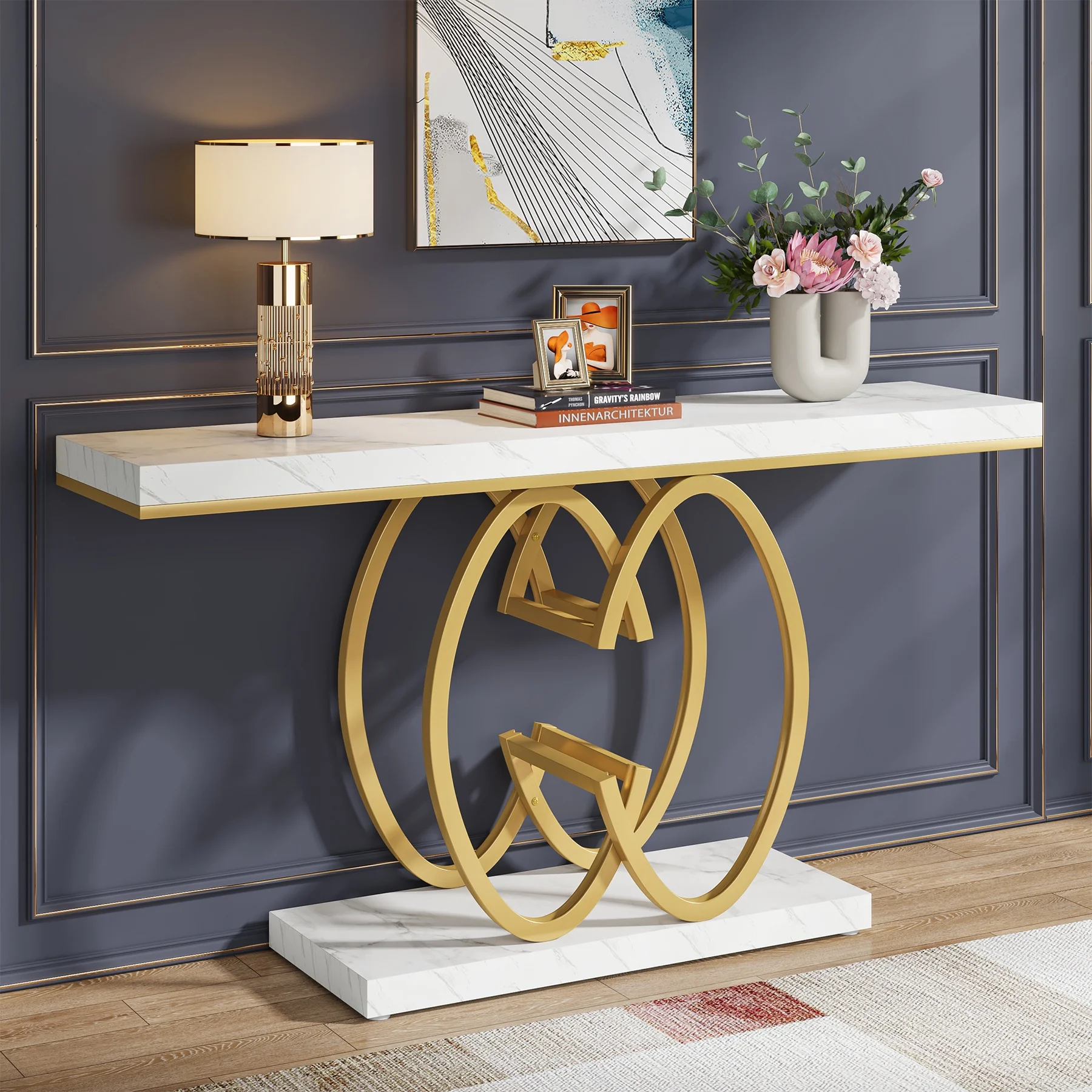 Tribesigns 55 Inch Console Table for Hallway, Faux Marble Gold Entryway Table with Geometric Metal Base, Modern Narrow Sofa Accent Table for Entrance, Living Room, Foyer