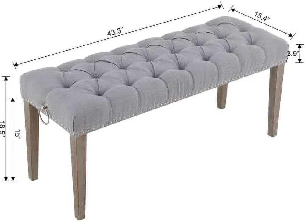 YPDCHB French Vintage Bench  43.3 Inch Upholstered Ottoman Bench with Solid Wooden Legs Pull Ring  Linen Fabric Tufted Shoe Bench for Entryway Bedroom  Grey