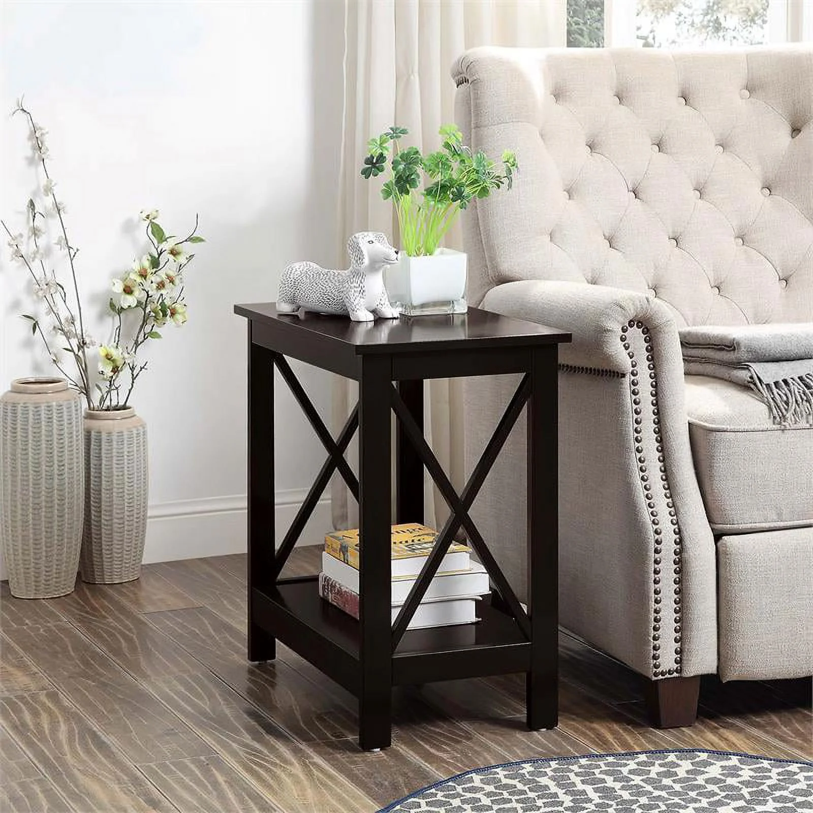 Home Square Chairside End Table with Shelf in Espresso Wood Finish - Set of 2