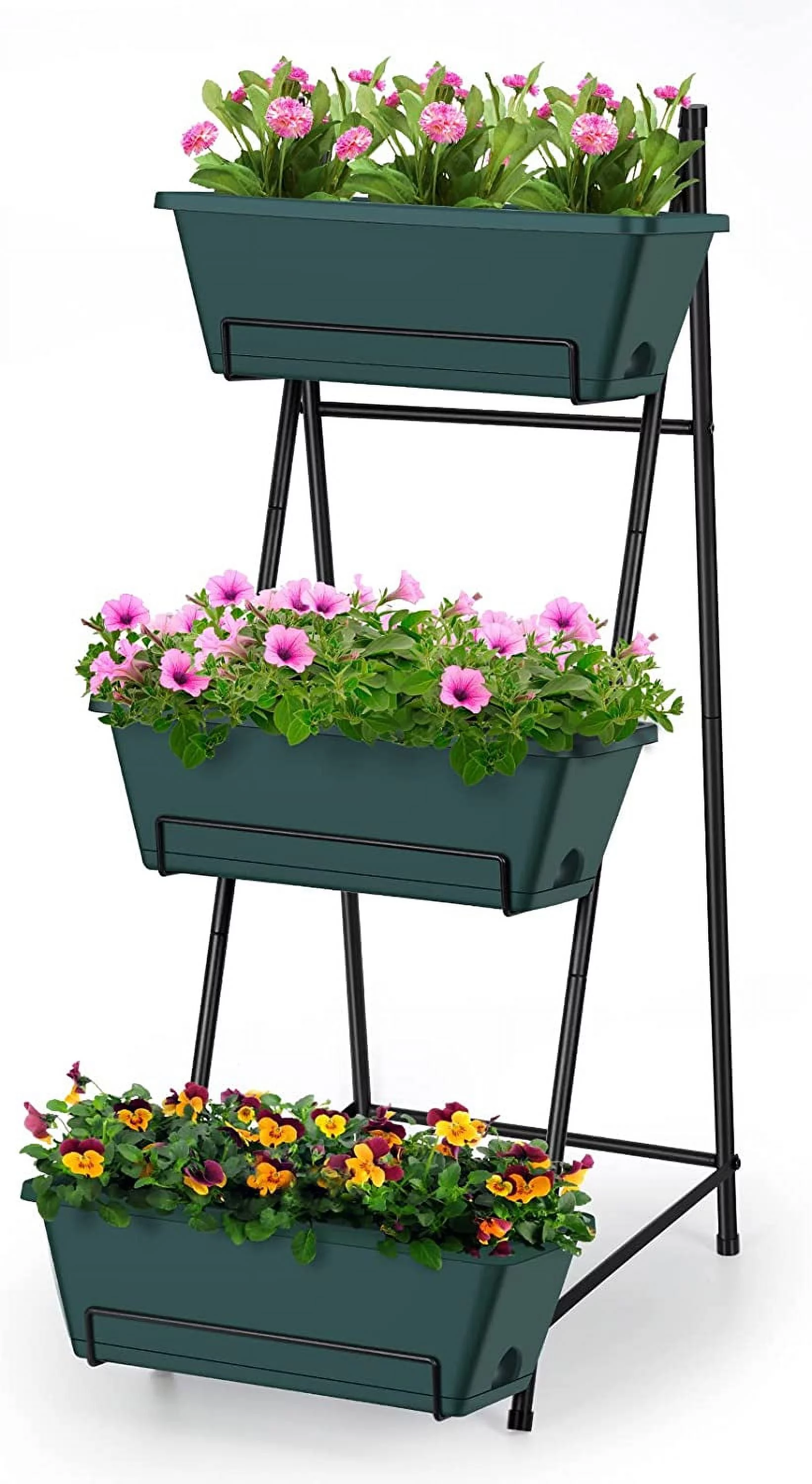 3-Tiers Plastic Planter Box Freestanding Garden Planter, Green
