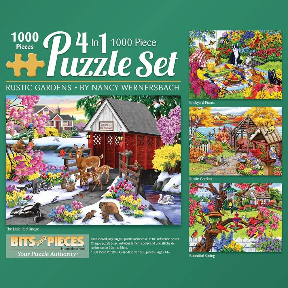 Bits and Pieces - 4-In-1 Multi-Pack Rustic Gardens 1000 Piece Jigsaw Puzzles for Adults - Each Puzzle Measures 20