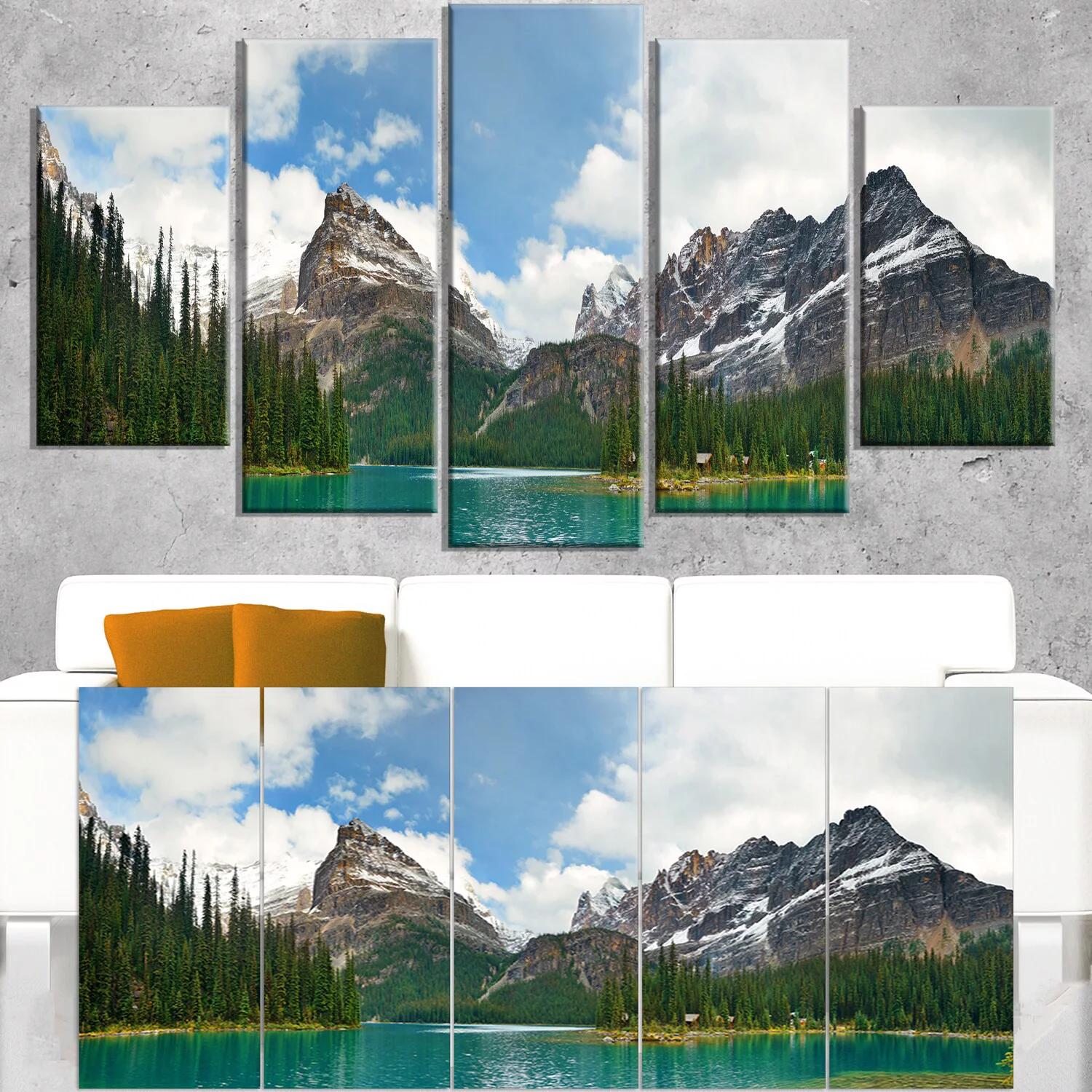 DESIGN ART Lake O'hara in Yoho National Park - Modern Seascape Canvas Artwork Print - Multi-color 60 in. wide x 32 in. high - 5 Panels Diamond Shape