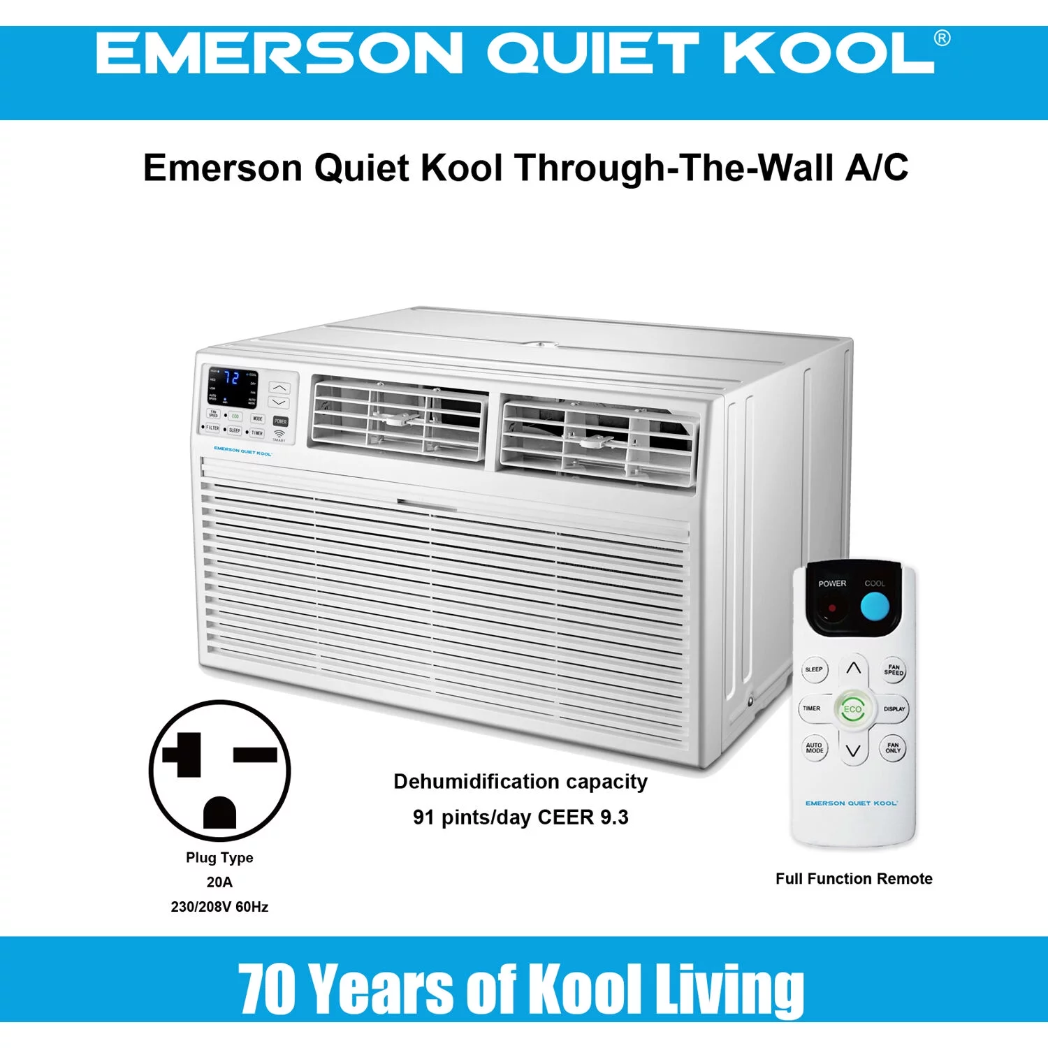 Emerson Quiet Kool 14,000 BTU 230V Smart Through-the-Wall Air Conditioner with Remote, Wi-Fi