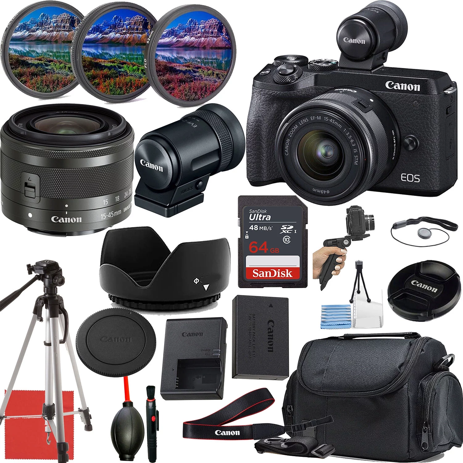 Canon EOS M6 Mark II Camera W/ EVF-DC2 Electronic Viewfinder 15-45mm Lens, Stable Tripod, 64GB Sandisk Memory Card, Genuine Canon Battery, Protective Case, Cleaning Gear, 3-Filter Assortment, + More