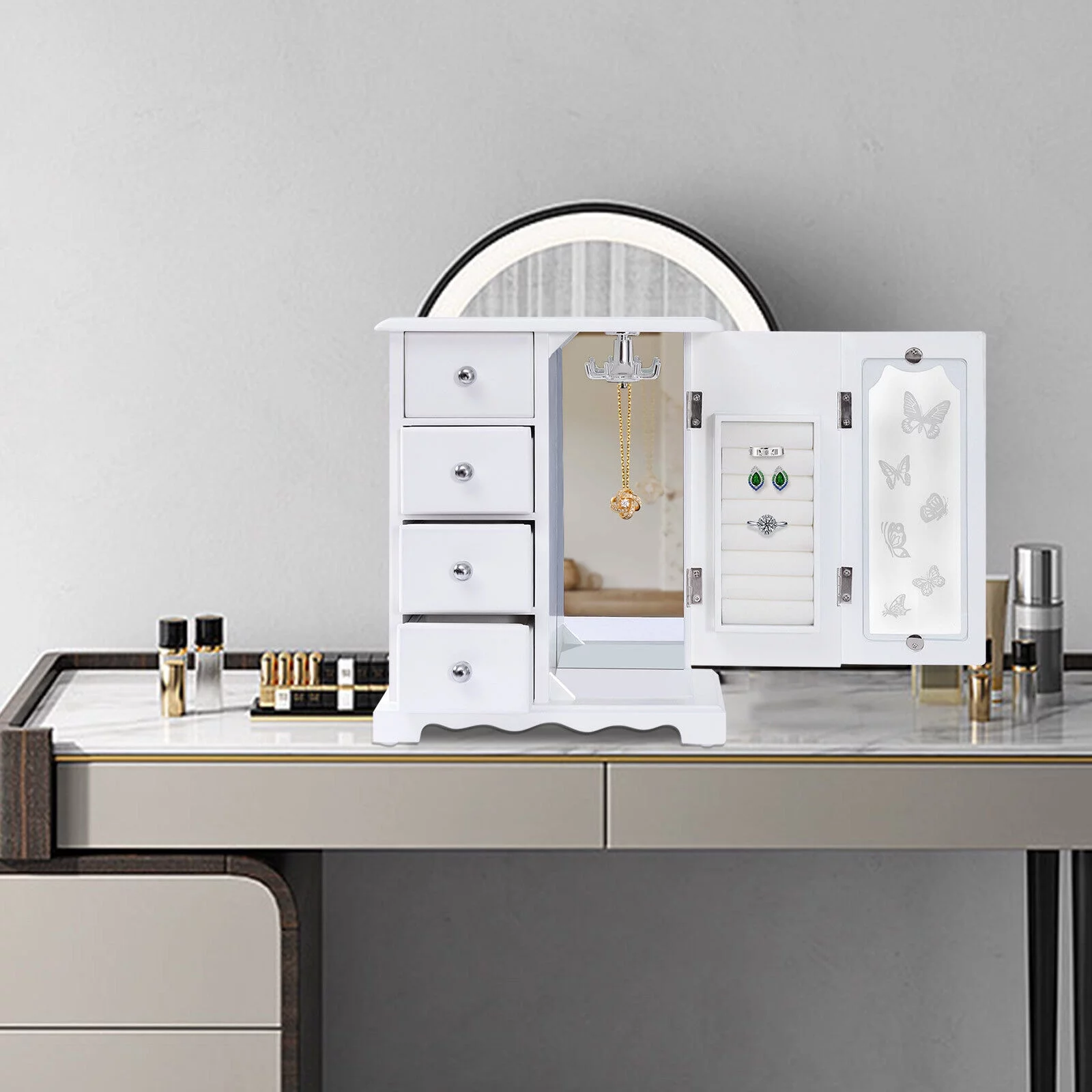 9*5*11.2in White 4 Drawers Jewelry Box Organizer Case Wooden with 4 Drawers Gift for Girls, Women