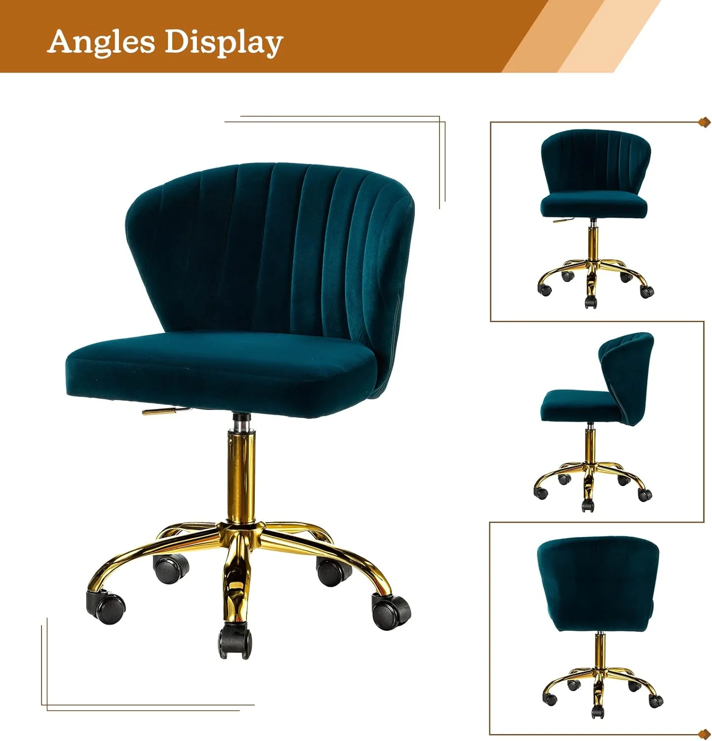 ZWGHLI TINA' Office Desk Chairs with Wheels & Gold Base  Modern Velvet Cute Armless Office Chair  Adjustable Low Back Swivel Rolling Chair  Upholstered Task Chair  Room Vanity Stu