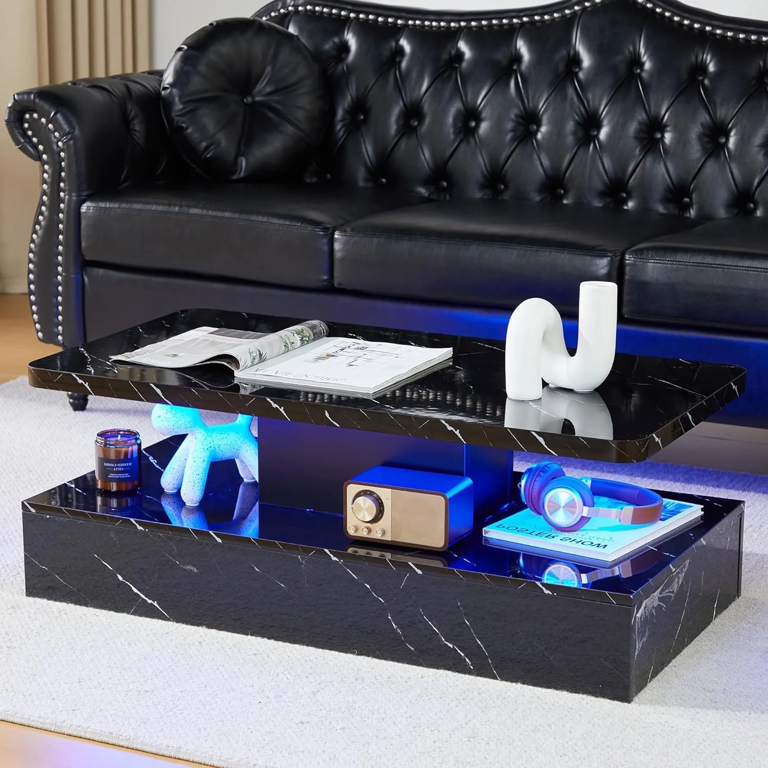 Gloss Coffee Table High, Black Modern Center Table with Smart 16 Colors LED Lights, 2 Tiers Rectangle Design for Living Room,Bar