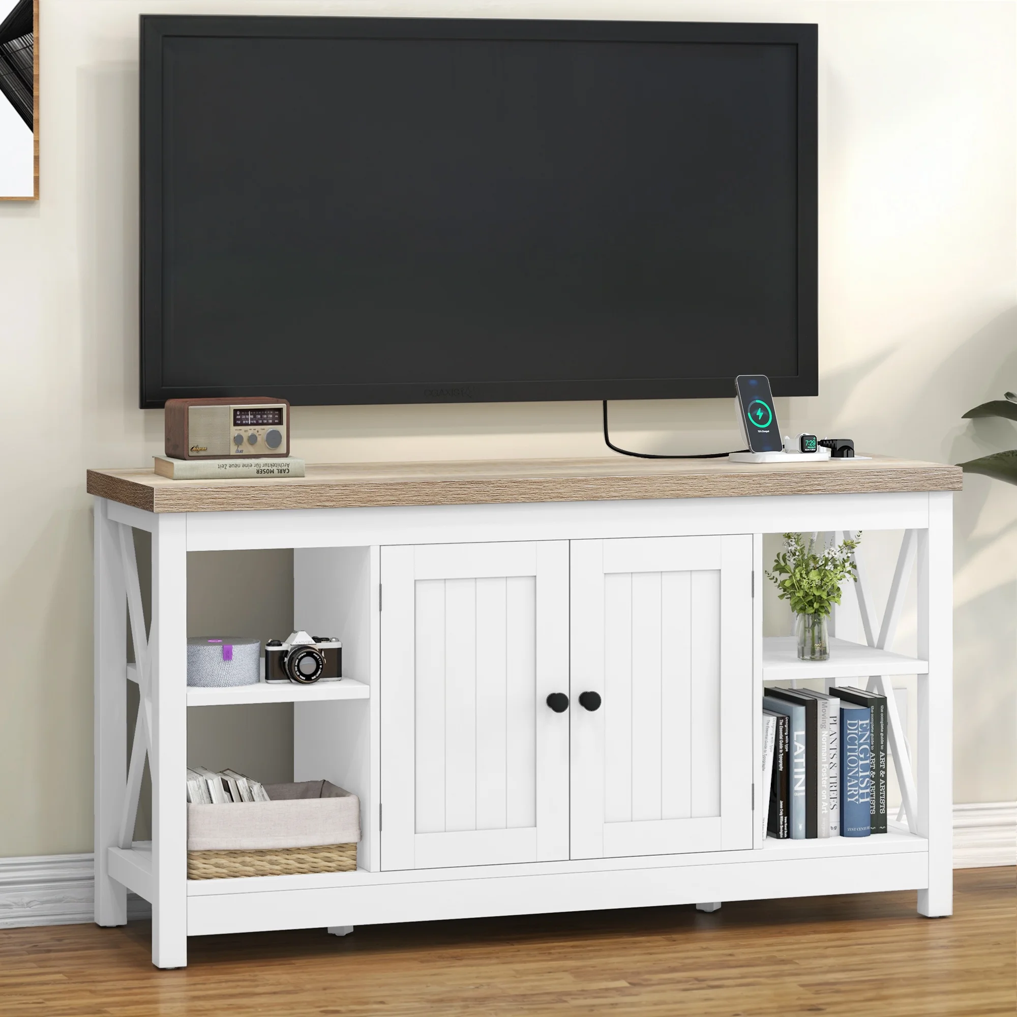 Dextrus Farmhouse TV Stand with Built in Power Outlet for TVs up to 55