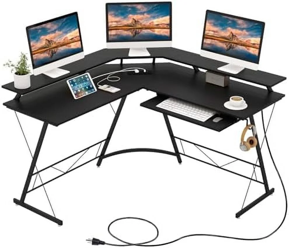 TJCGDTY L-Shaped Computer Desk with Power Outlet  51" Corner Computer Workstation with Monitor Stand  Keyboard Tray & Headphone Hook  Ergonomic Gaming Desk for Home Office (Black)