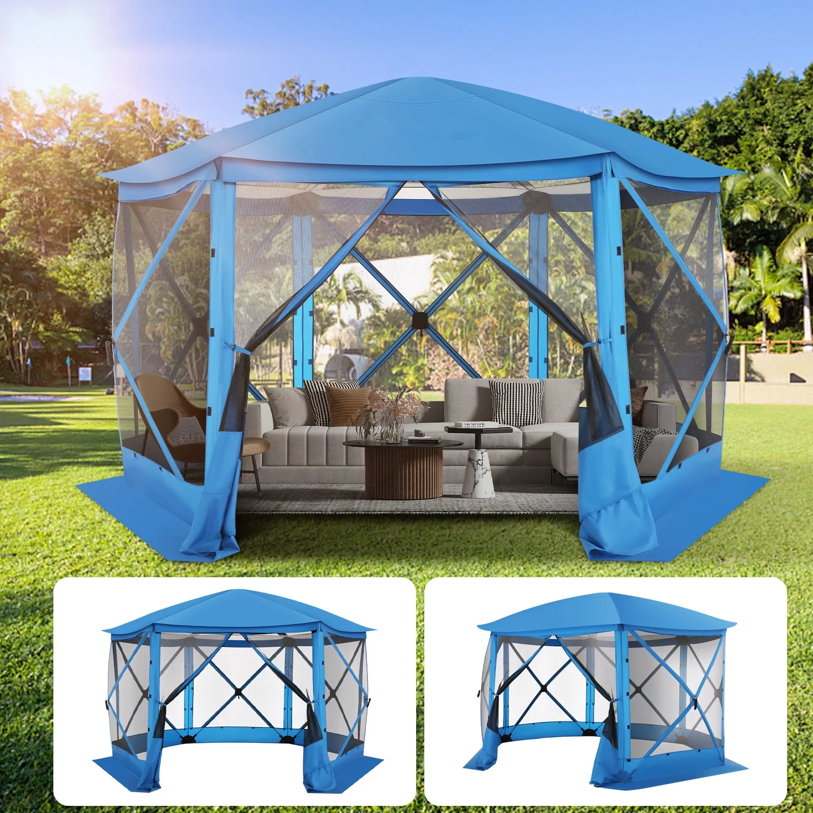 Hoteel 12x12 Pop Up Gazebo Propped-up Canopy Camping Tent with Mosquito Nettings, Waterproof, UV 50+ Resistant, Hub Tent Instant Screened Canopy with Mesh Windows, Carry Bag & Ground Stakes, Blue