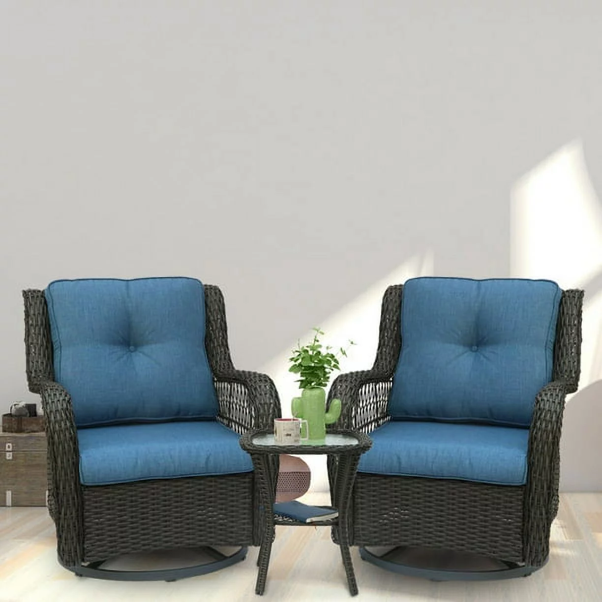 3 Piece Outdoor Wicker Swivel Rocker Patio Furniture Set Blue