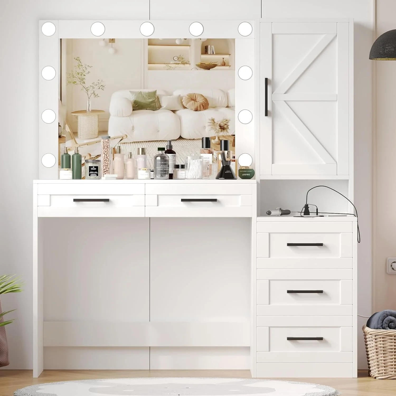 TQJKLFDY Vanity Desk with Charging Station  Farmhouse  Desk with Lights Mirror and Drawers  Vanity Table with Side Cabinet  Dressing Table for Girls  Women  White WDT008W