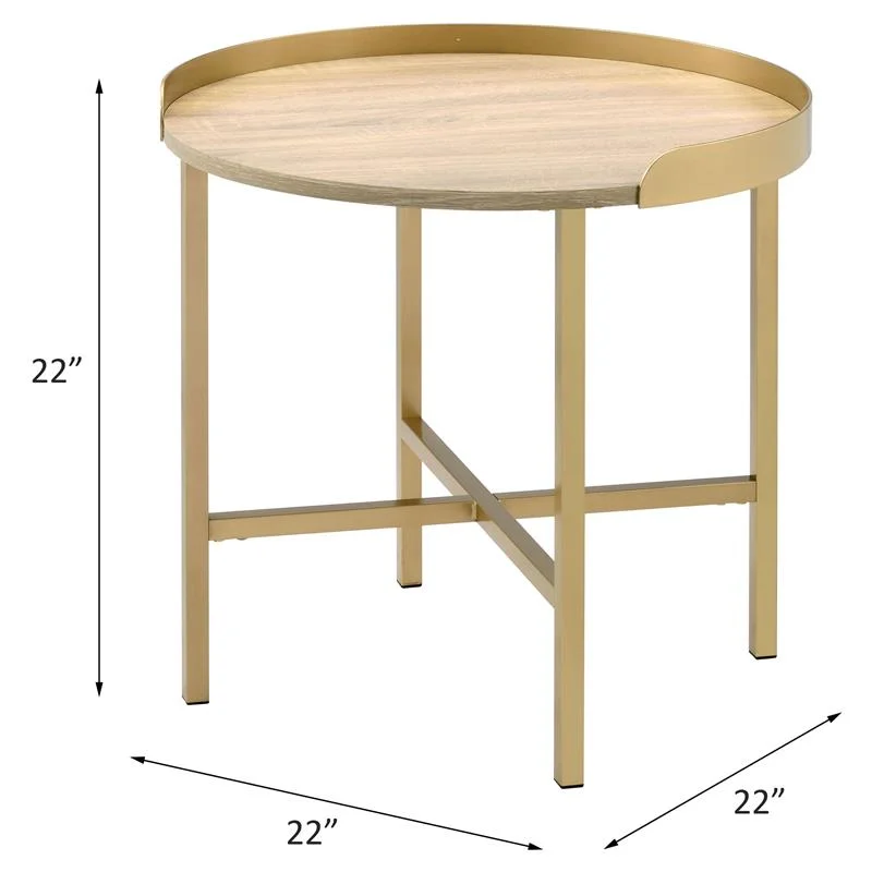 Bowery Hill Round Wooden Top End Table with Cross Bar Base in Oak and Gold
