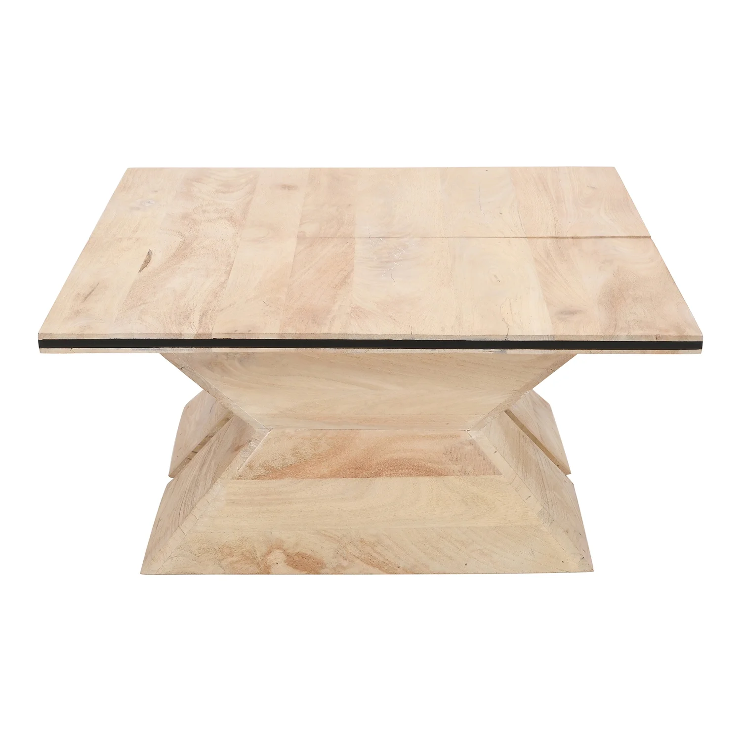 The Urban Port 34 Inch Coffee Table, Handcrafted 2 Piece Split Design with Hourglass Base, White Washed Natural Mango Wood