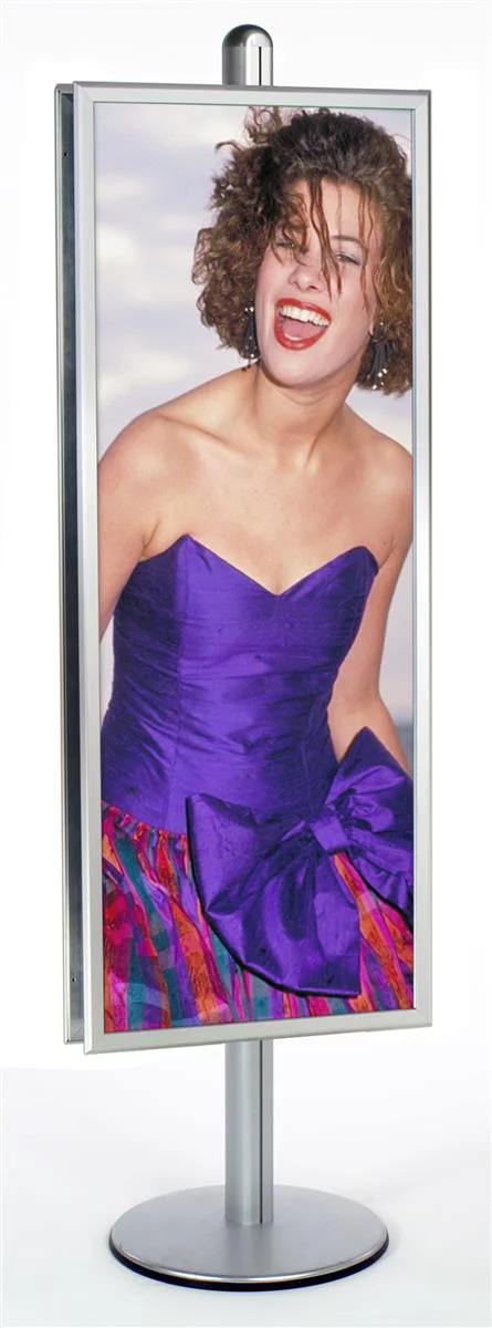 Double-sided Poster Stand for 22 x 56 Graphics, Front-loading Frames for Easy Updating, 6-foot-tall Floor Display with Round Base, Aluminum (Silver) (BP2256X2)