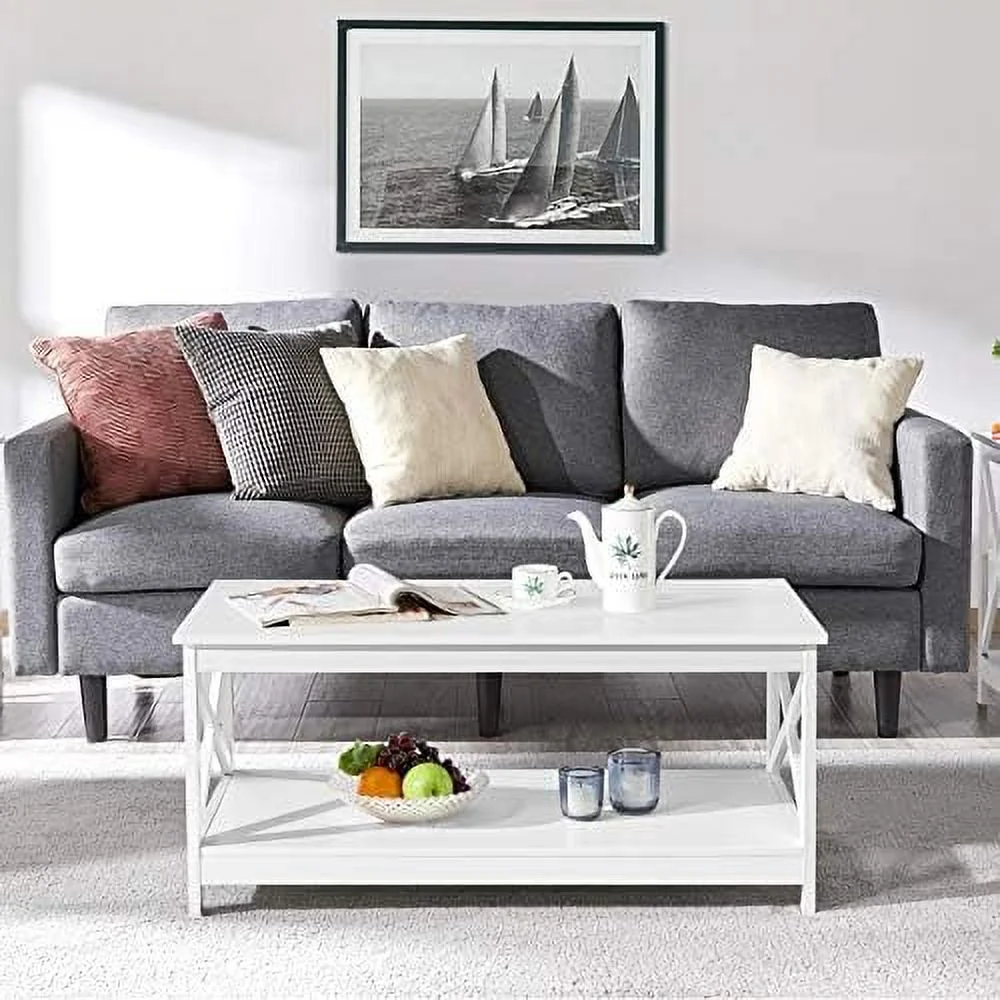 Modern X Design White Coffee Table, 2 Tier Wooden Cocktail Table Center Table With Storage Shelf For Living Room Use