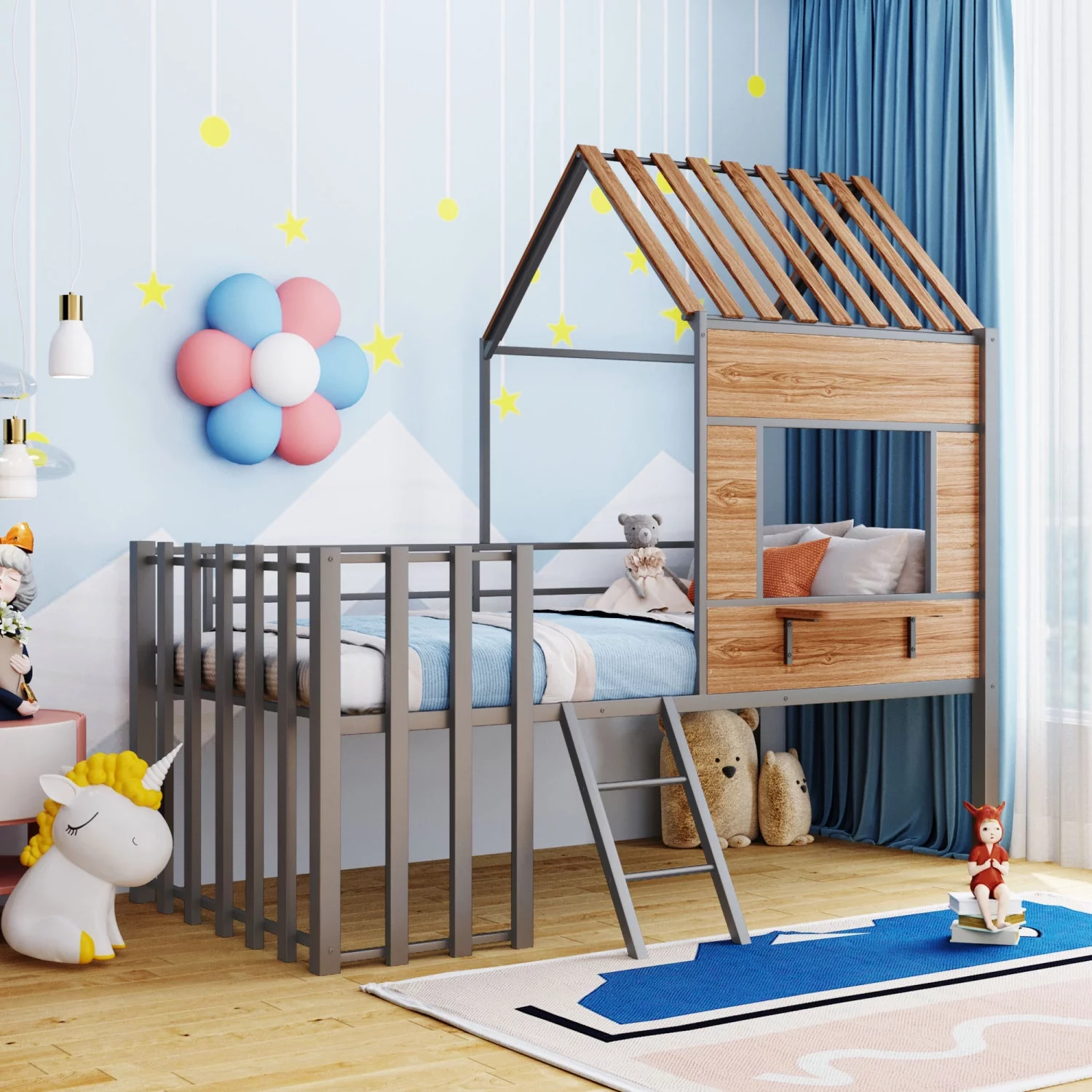 Silver Metal Twin size Loft Bed with Charming Roof Panel  Large Window  Sturdy Guardrail and Convenient Ladder