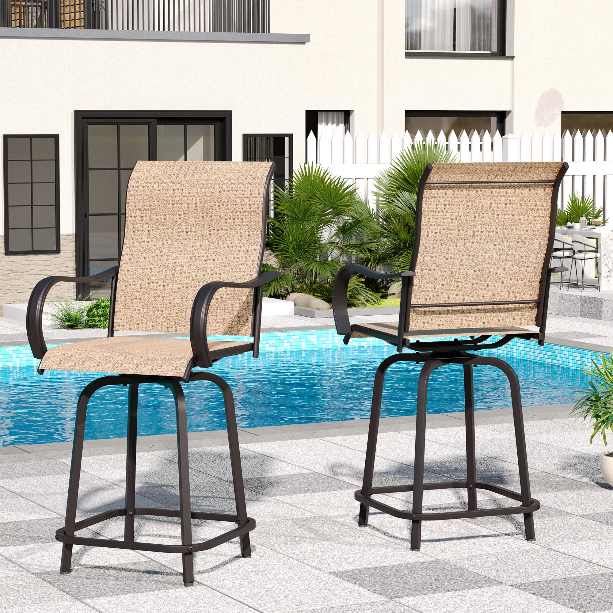 ELPOSUN Patio Swivel Bar Stools Chair of 2, Outdoor Bar Height Set, All Weather High Back and Armrest Rocking Stools & Bar Chairs for Backyard, Lawn Garden, Balcony and Pool, Brown