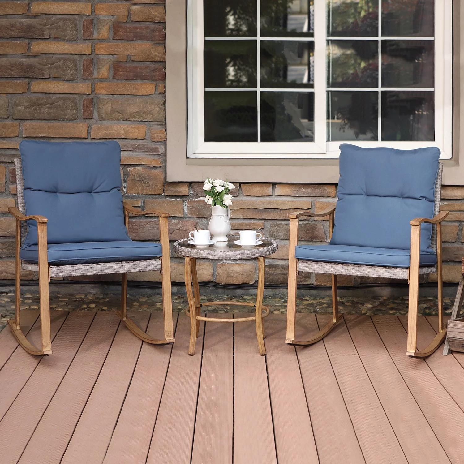 COSIEST 3 Piece Bistro Set Patio Metal Rocking Chairs with Table, Cobalt Blue Cushions