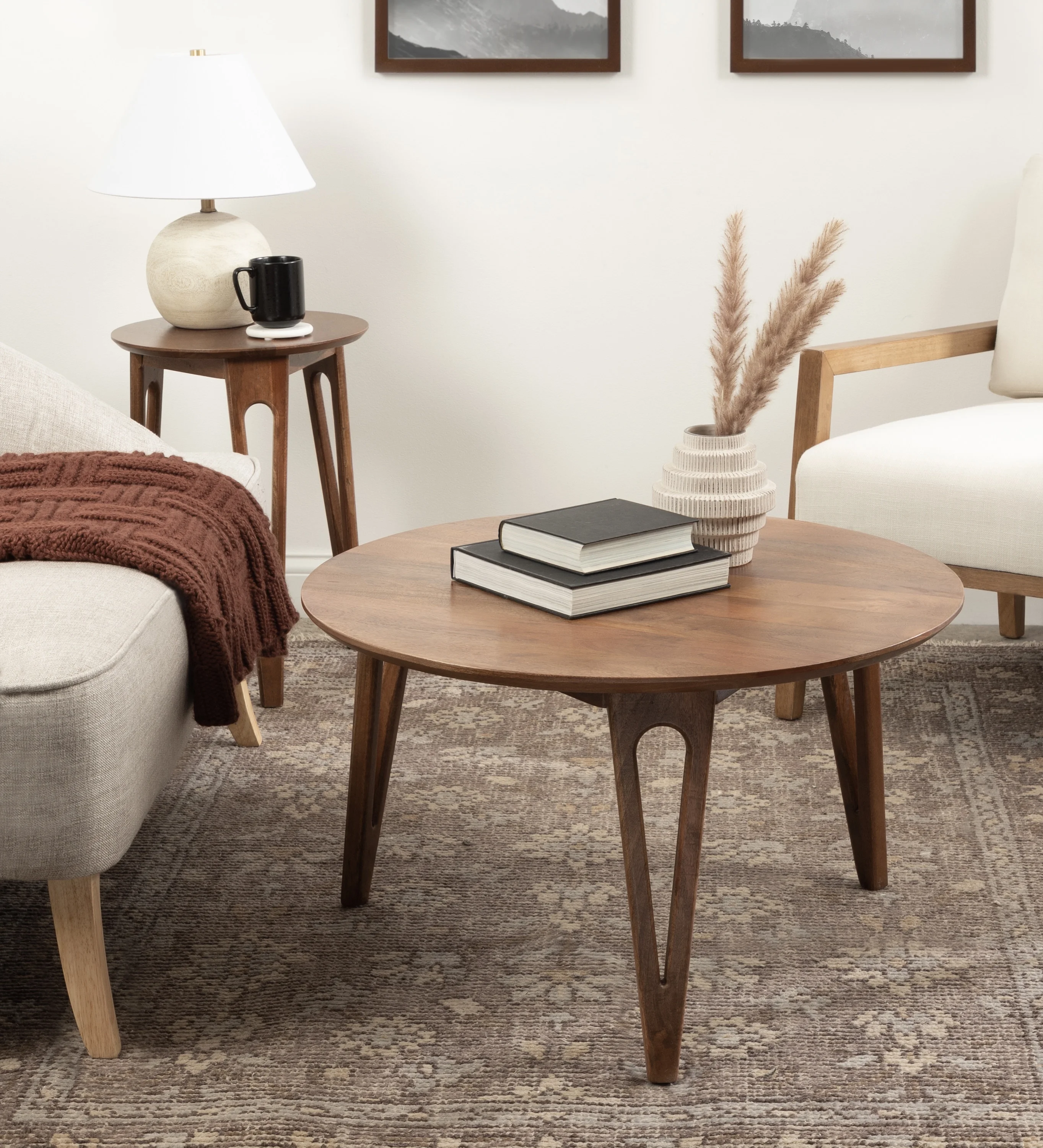 Kate and Laurel Kershaw Mid-Century Modern Round Coffee Table, 30 x 30 x 19, Walnut Brown, Transitional Circle Living Room Table with Solid Mango Wood Construction and Tapered Hairpin Legs