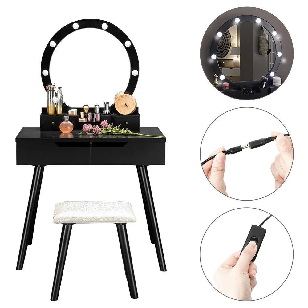 4 Drawer Makeup Vanity Set Jewelry Dressing Table Led Light Mirror Dresser Desk